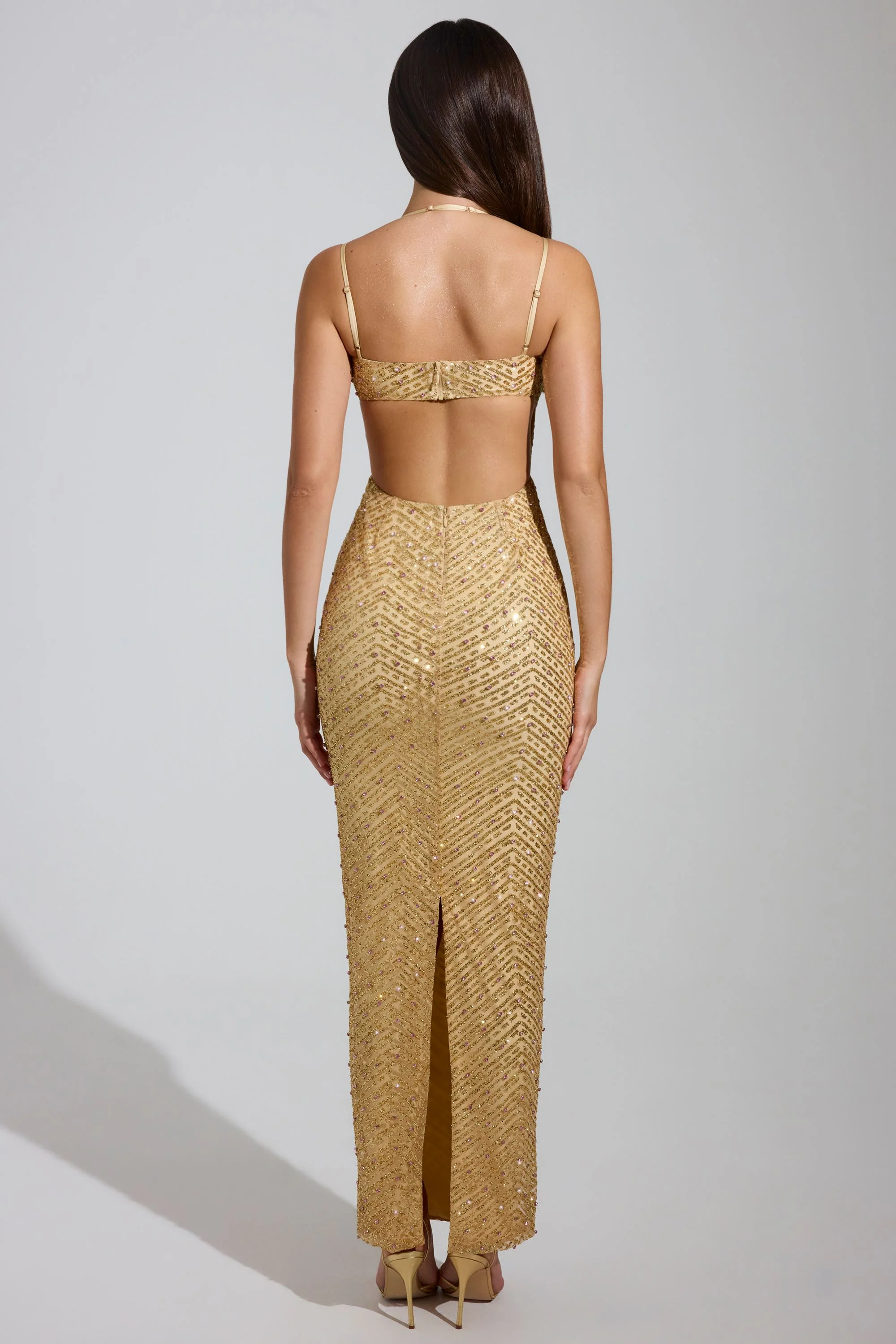 Embellished Cowl-Neck Maxi Dress in Gold