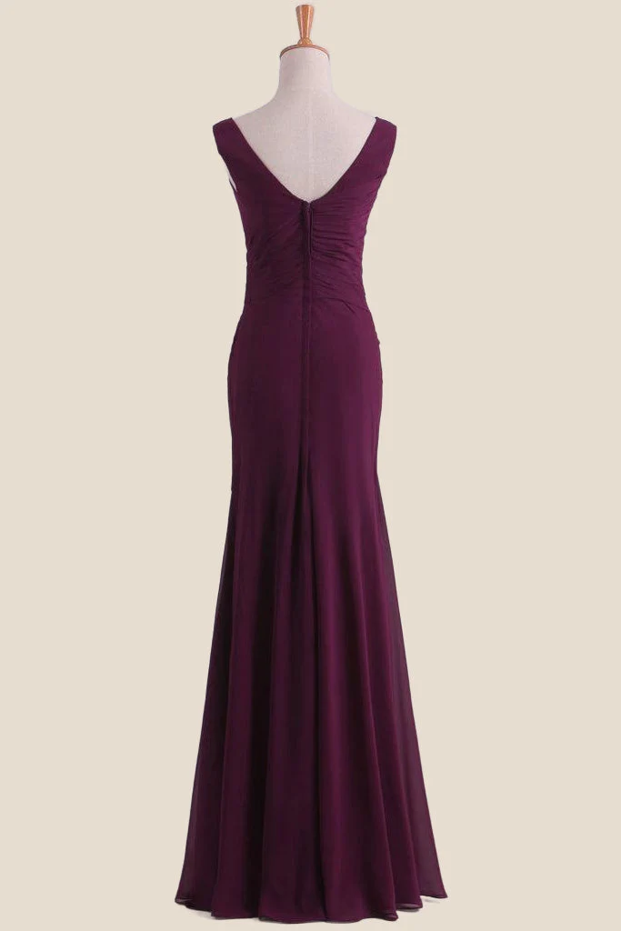 Grape Empire Fit Long Bridesmaid Dress with Slit