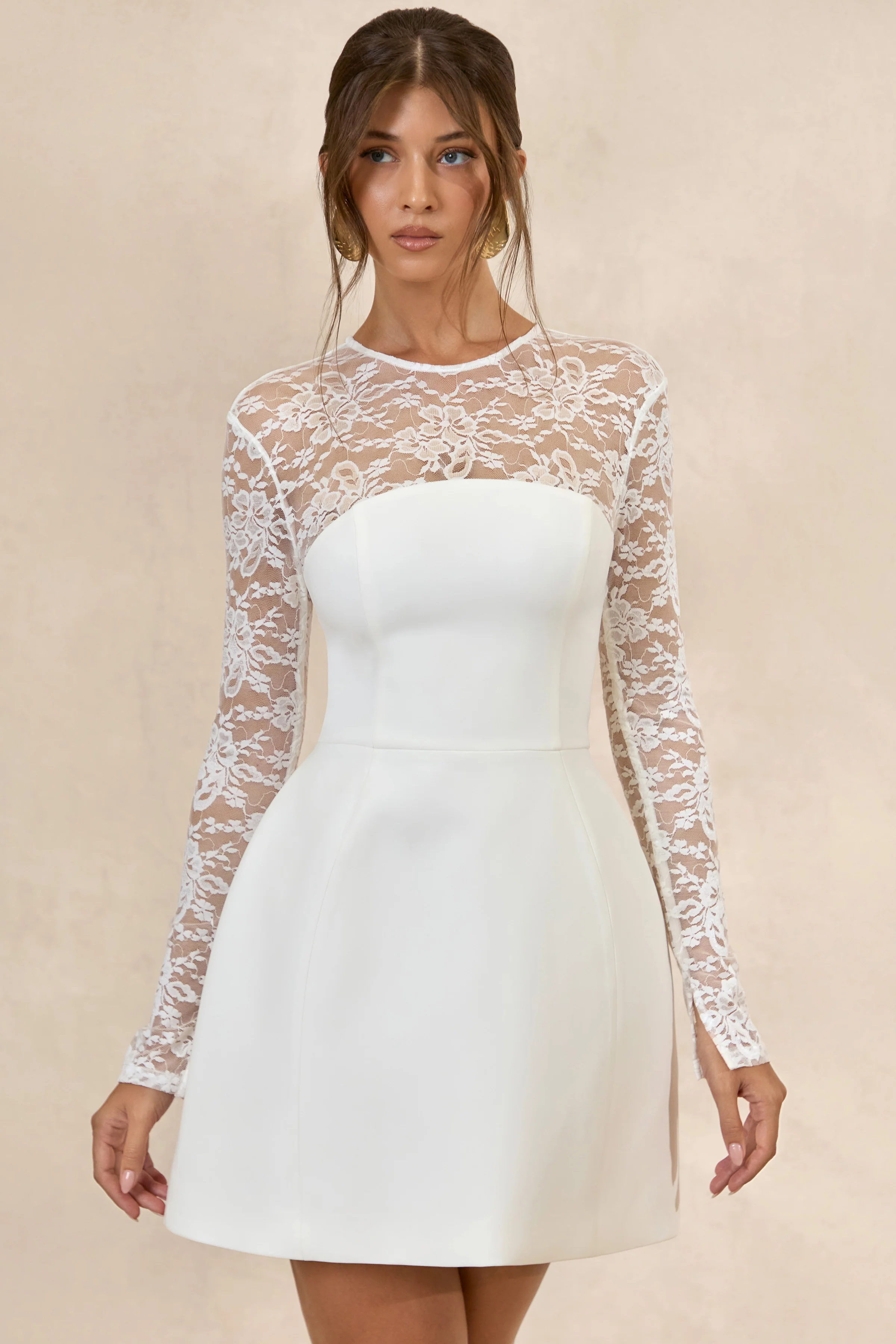 Aerin | White Lace Round Neck Long Sleeve Mini Dress With Sheer Detail
