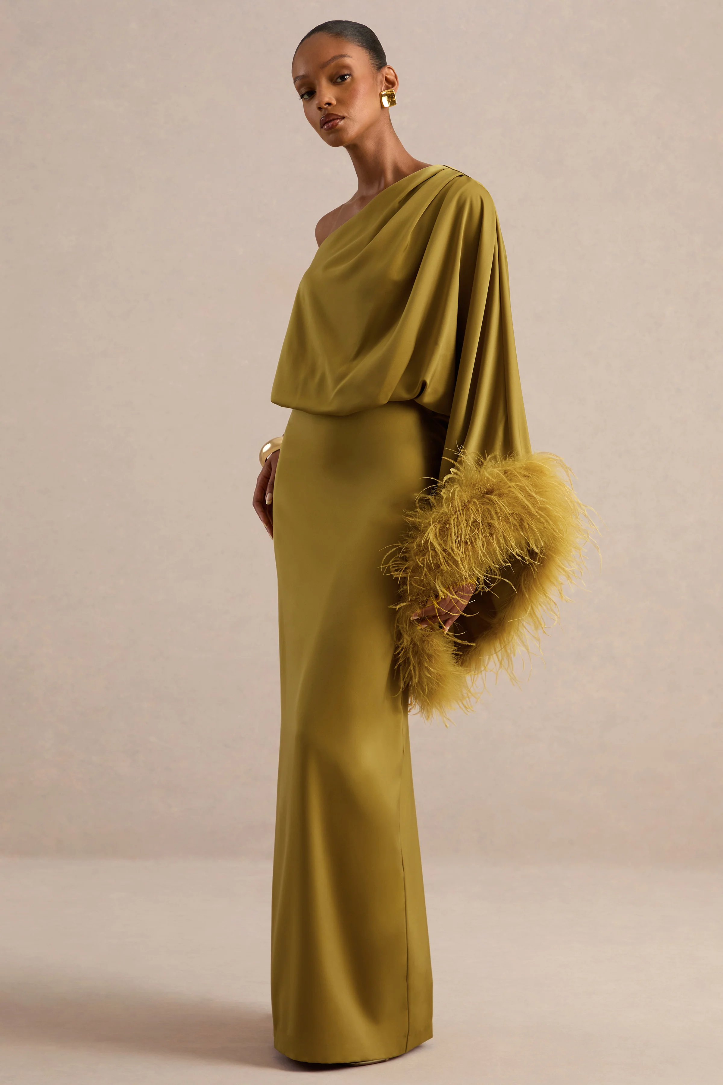 Felicity | Olive Satin Asymmetric-Neck Maxi Dress With Feather Detailing