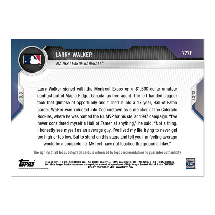 On-Card Auto # to 1 - Larry Walker - 2021 MLB TOPPS NOW® Card 777F