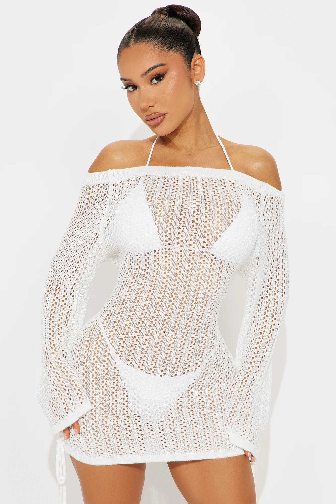 Tropical Skies Off Shoulder Ruched Cover Up Mini Dress - White