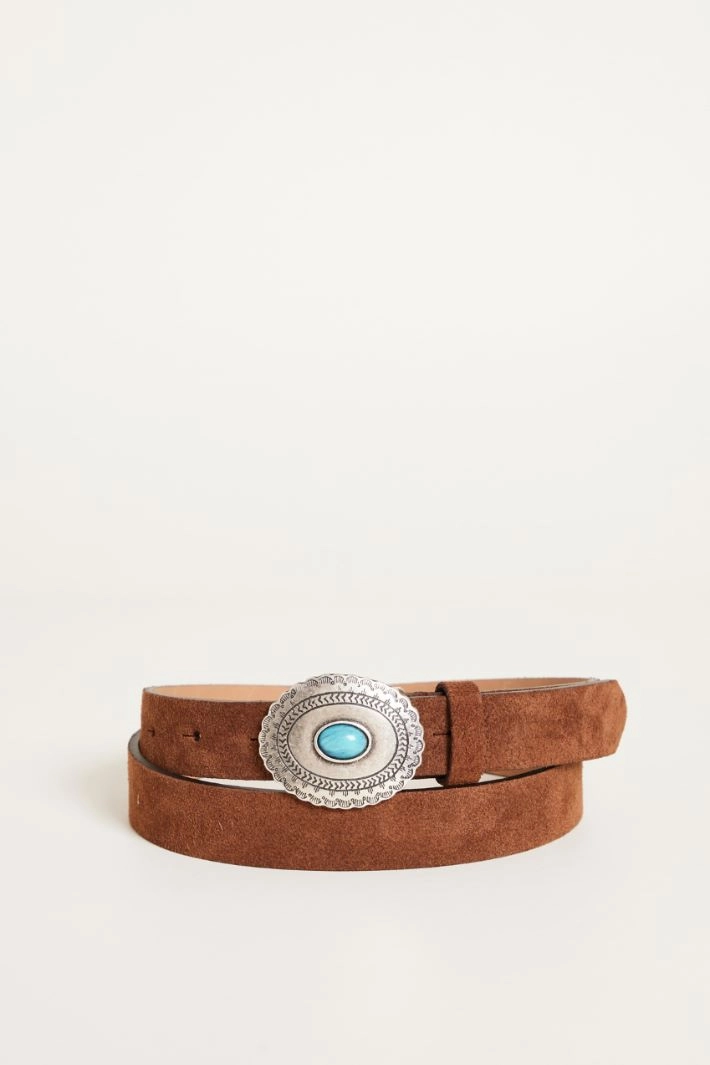 Suede belt with cabochon - BROWN