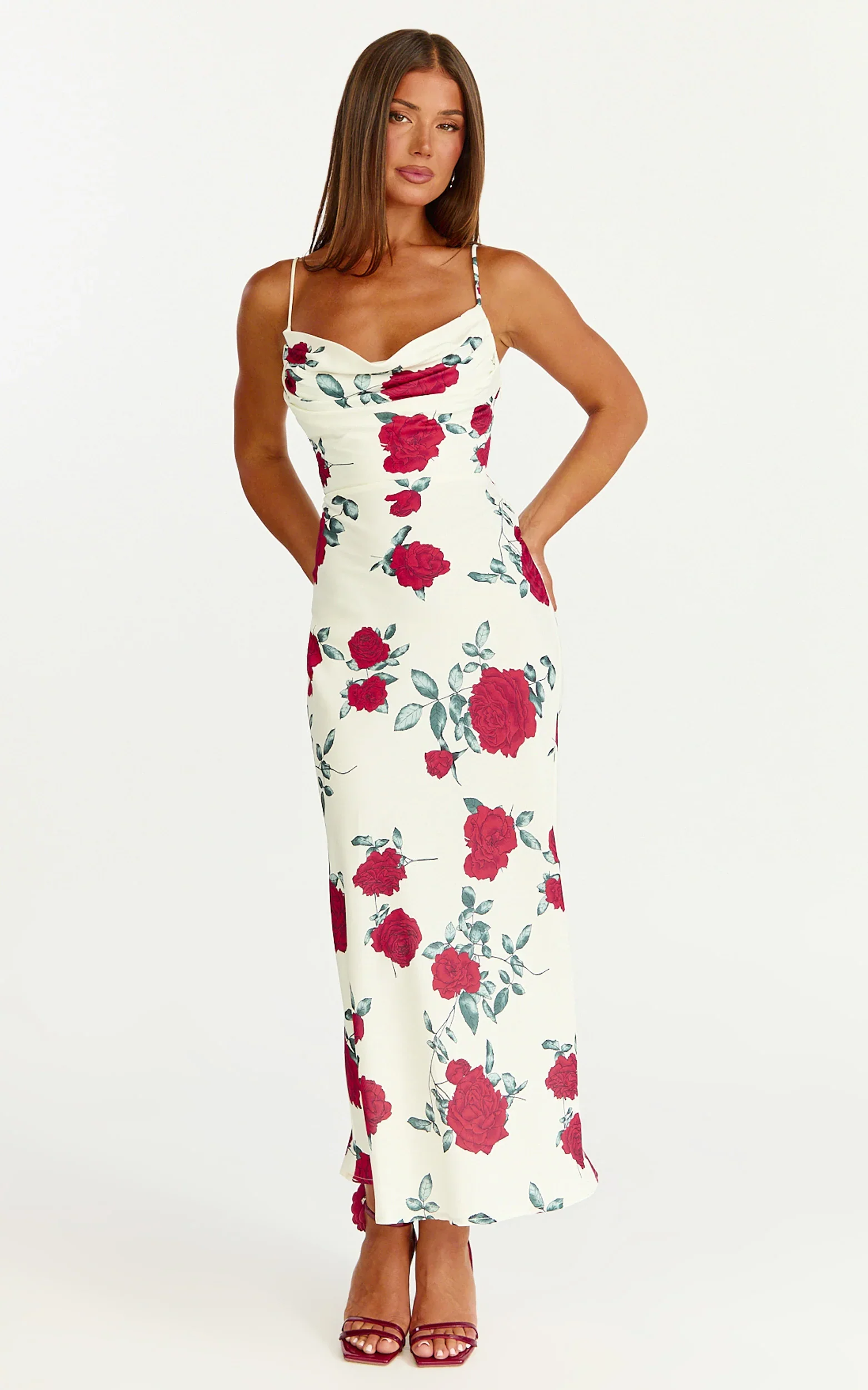 Dahlia Midi Dress - Cowl Neck A Line Dress in Scarlet Rose Print