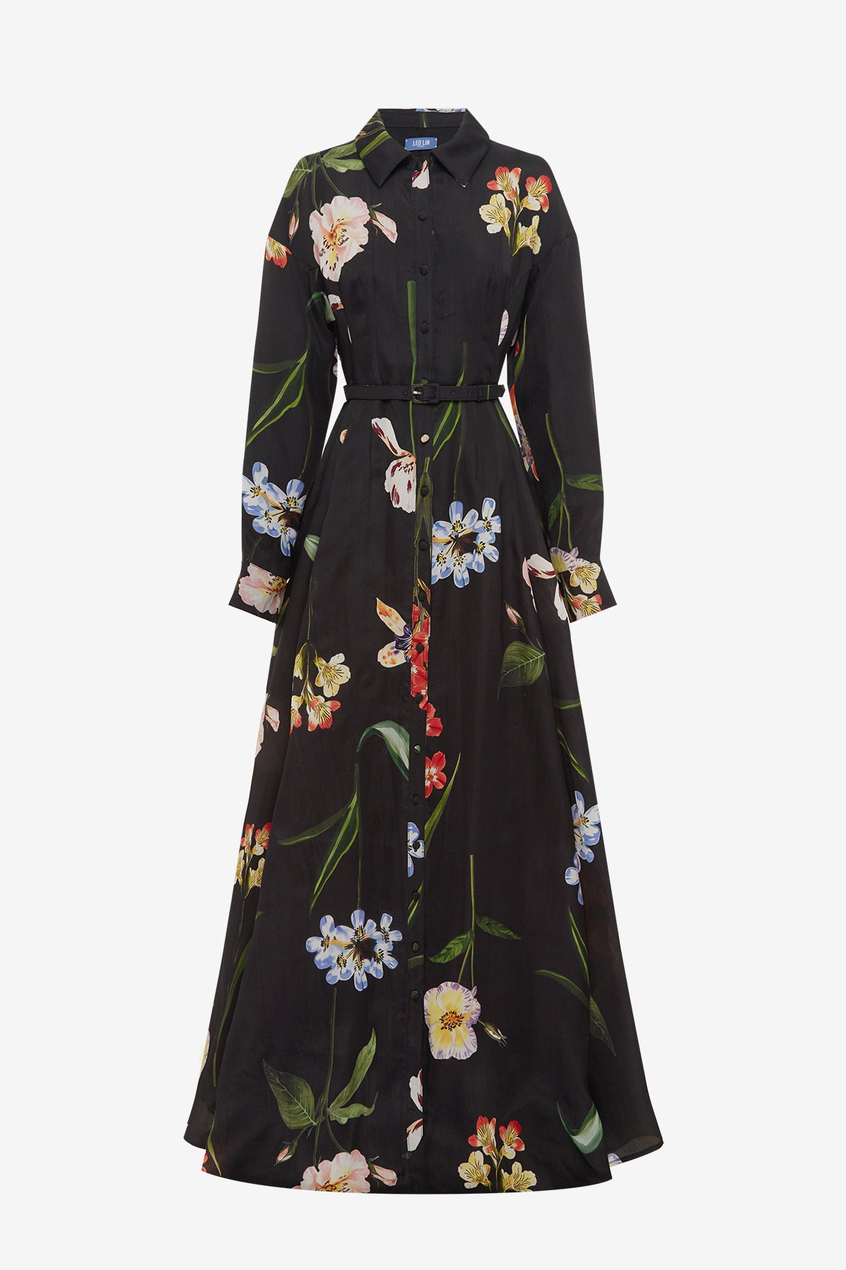 Josephine Silk Gown - Botanical Print in Ebony