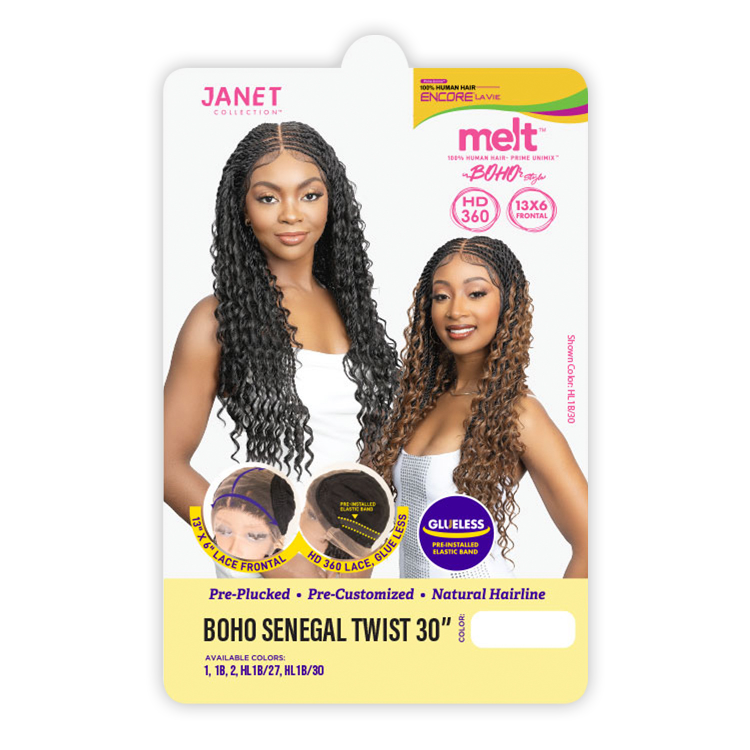Janet Collection Human Hair Blend HD Lace Frontal Wig 360 Glueless Melt Hand-Tied 13X6 Boho Senegal Twist 30