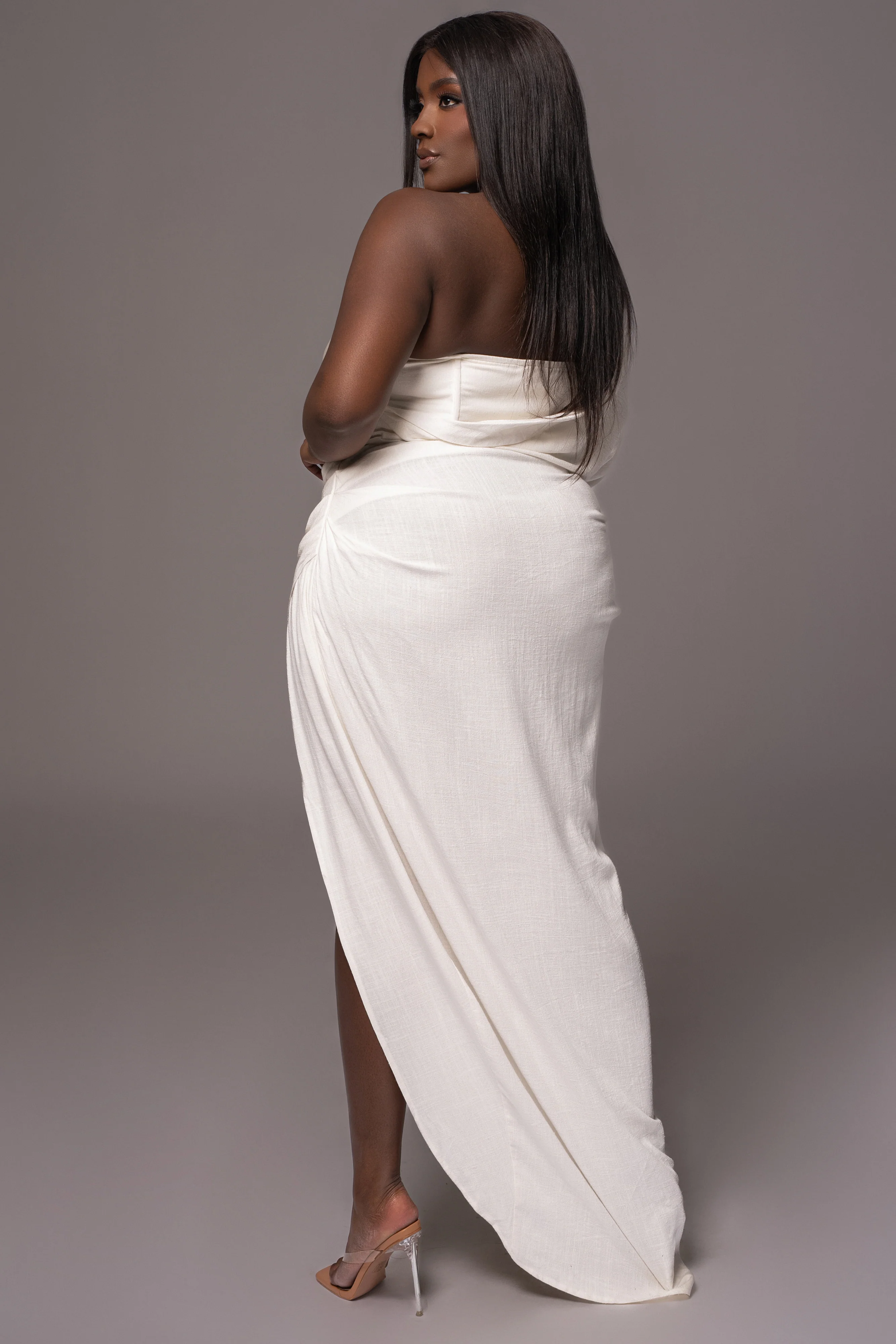 White Evita Linen Draped Dress