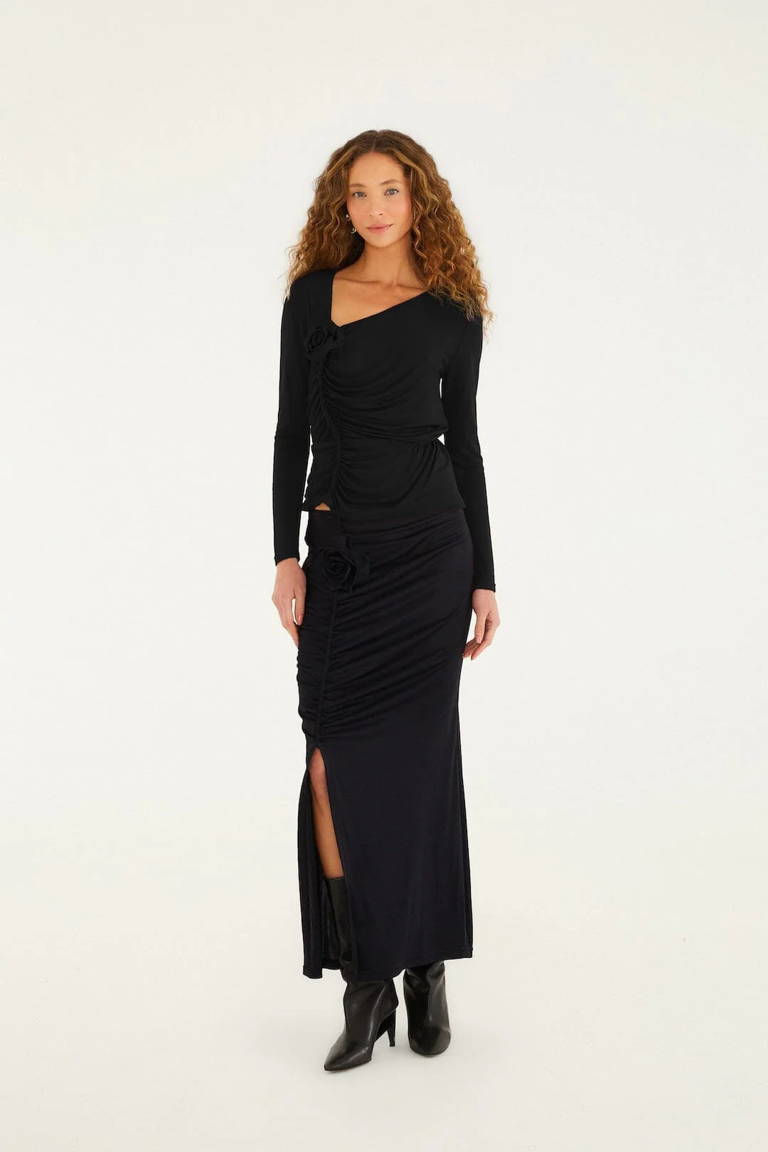 Black Flower Draped Side Slit Midi Skirt