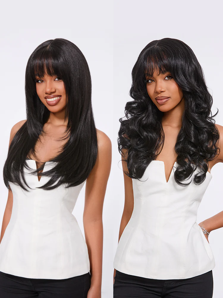 Ophirawig Veralux Blend Human Hair Glueless Straight Layered Cut/Wavy Wig with Bangs Curtain Bang Wig with Realistic Scalp Pre-Cut Lace Wig