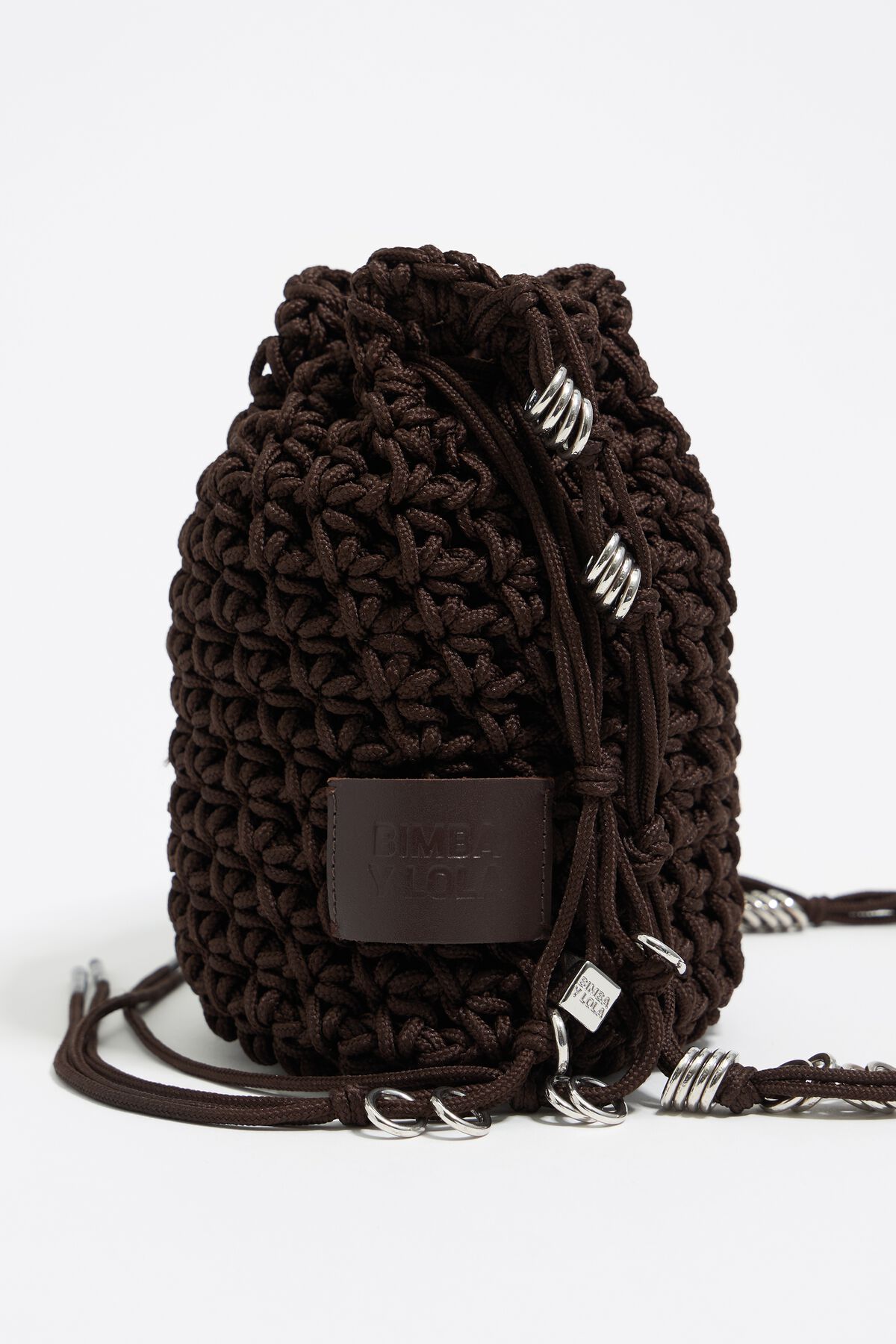 Brown mini plaited crochet bucket bucket bag