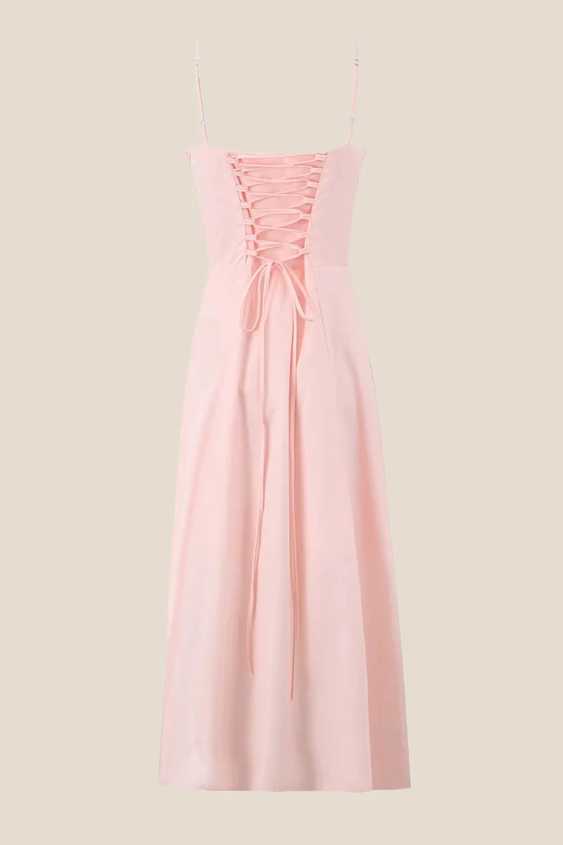 Spaghetti Straps Pink Tie Front Midi Dress