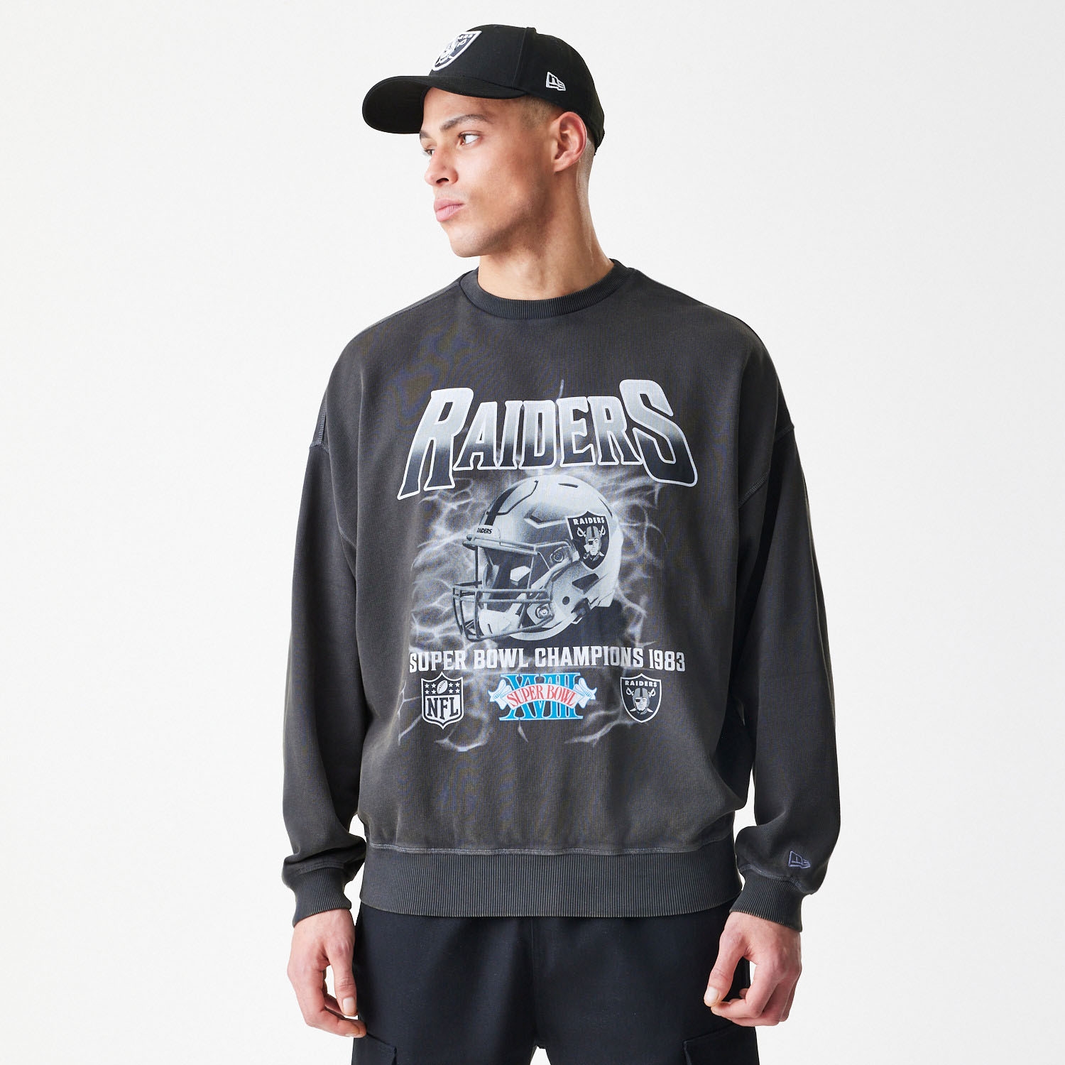Las Vegas Raiders Washed Oversized NFL Crew Neck Sweater Dark Gray