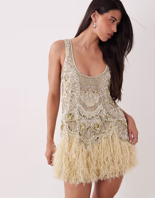 embellished scoop neck mini dress with faux feather hem in pale yellow