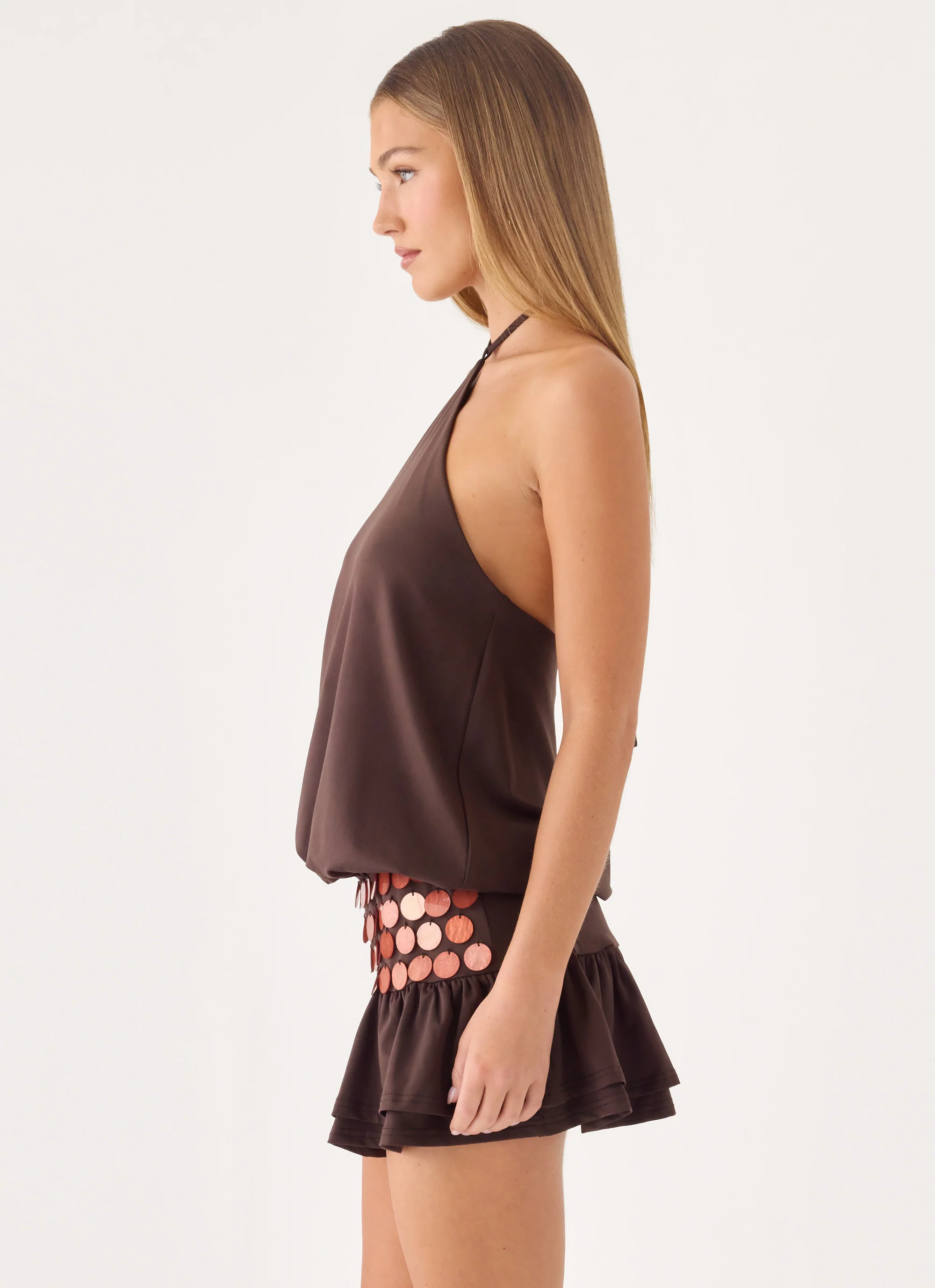 Melosa Beaded Halter Mini Dress - Chocolate