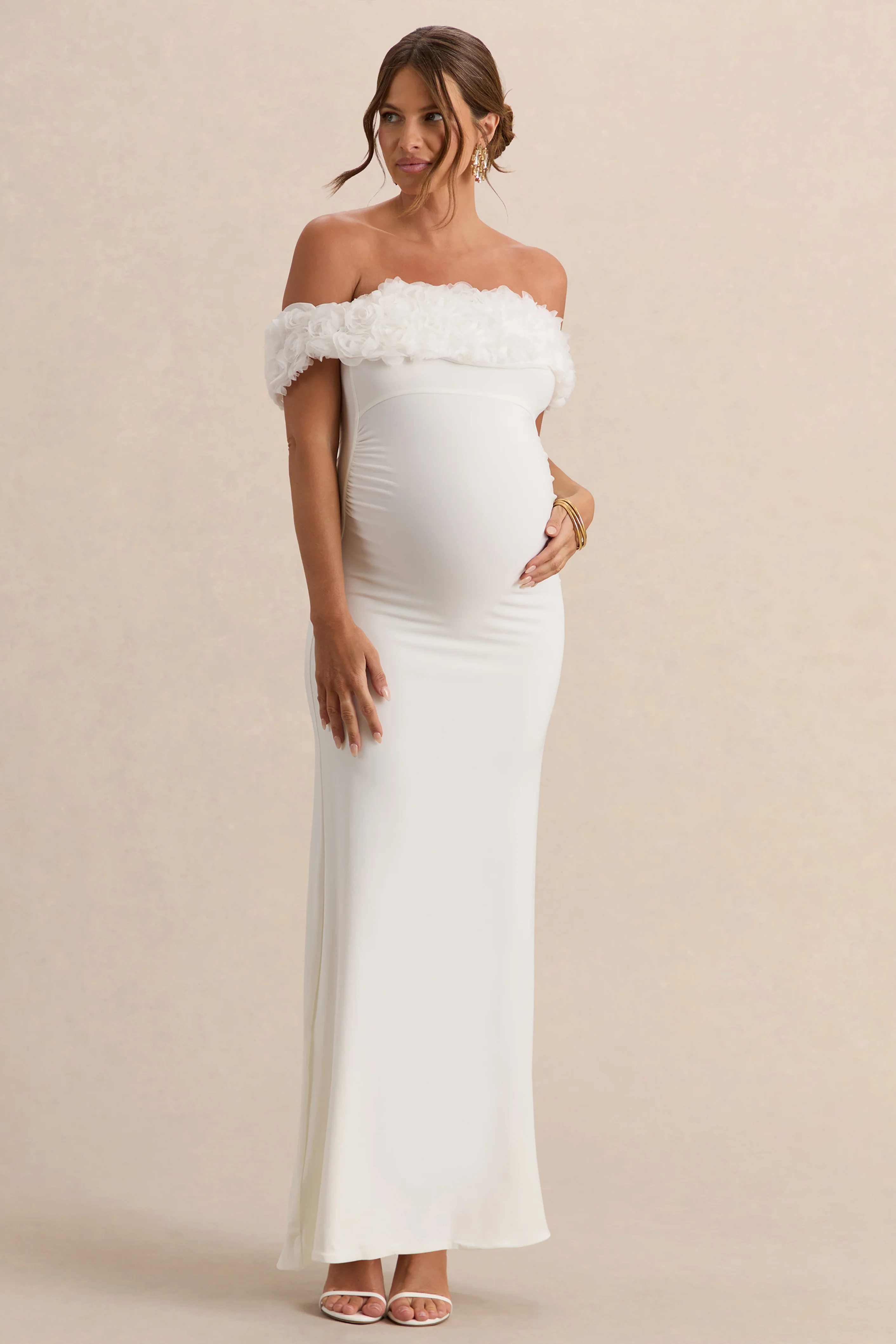 Inflorescence | White Mesh Floral Bardot Maternity Maxi Dress