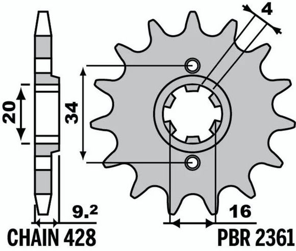 Standard steel PBR gearbox output pinion 2361 - 428Ref : PBR01497A / 1149260001