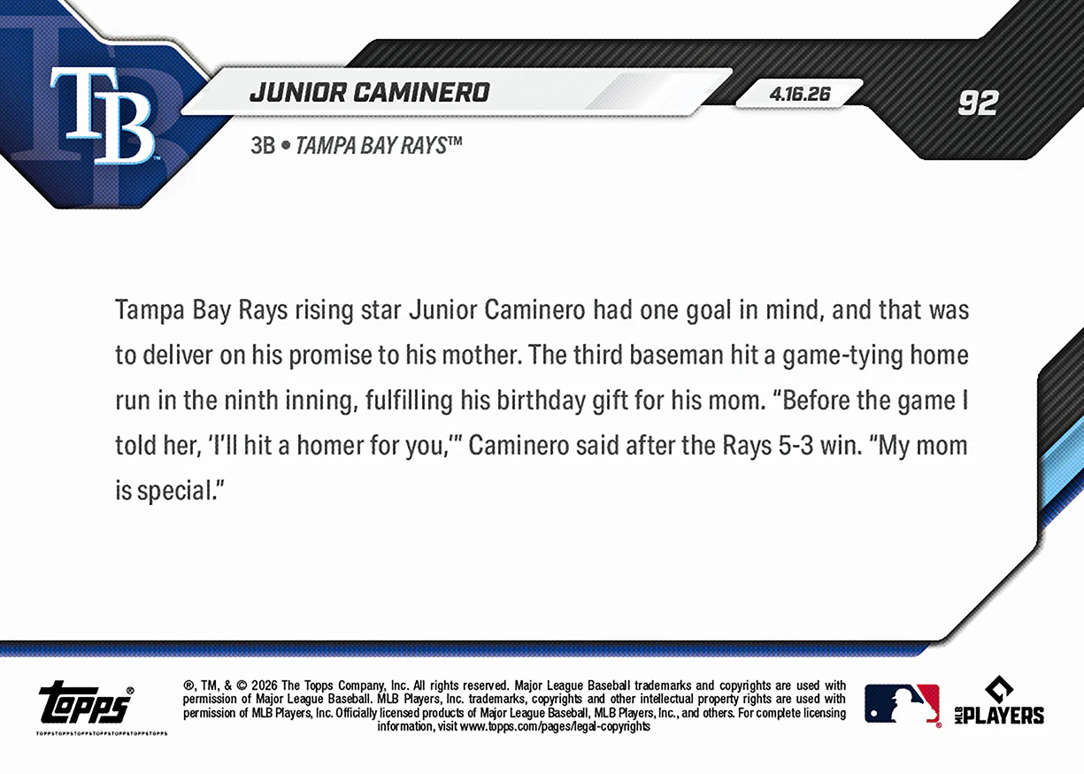 Junior Caminero - 2026 MLB Topps NOW® - Card 92 - PR: 431