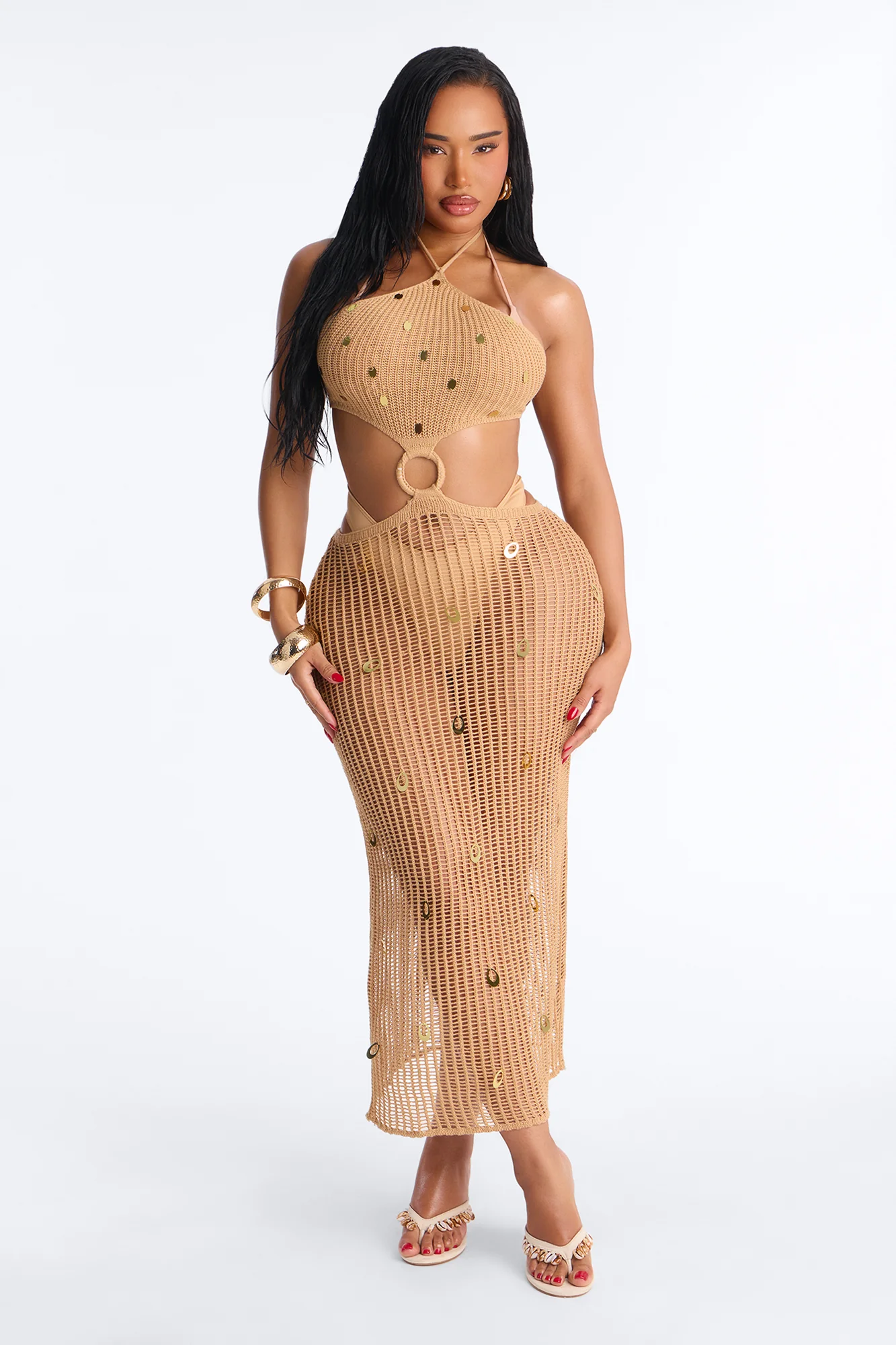 Heat Island Crochet Swim Cover Up Dress - Tan