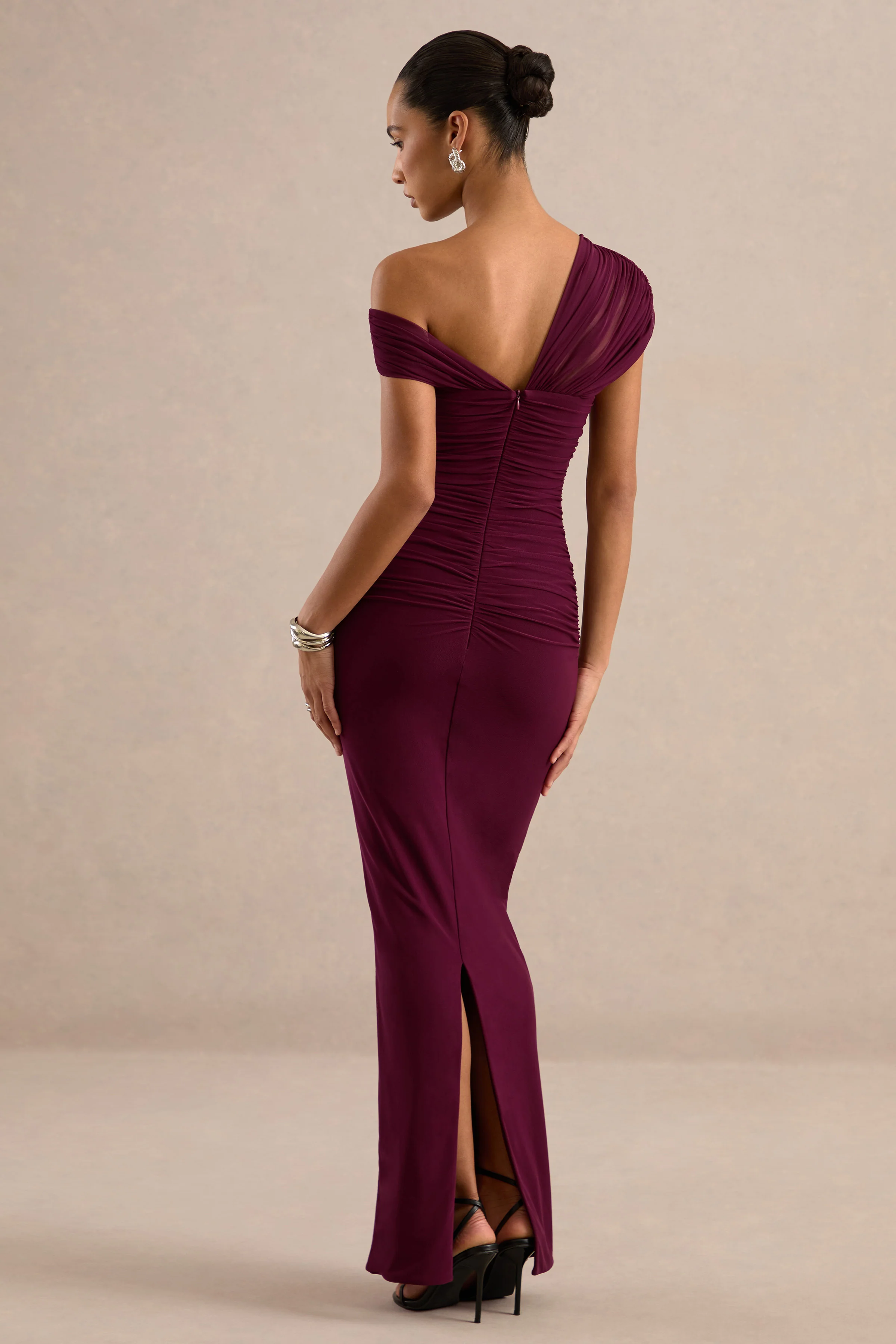Crescentia | Burgundy Jersey One Shoulder Short Sleeve Maxi Dress With Ruching