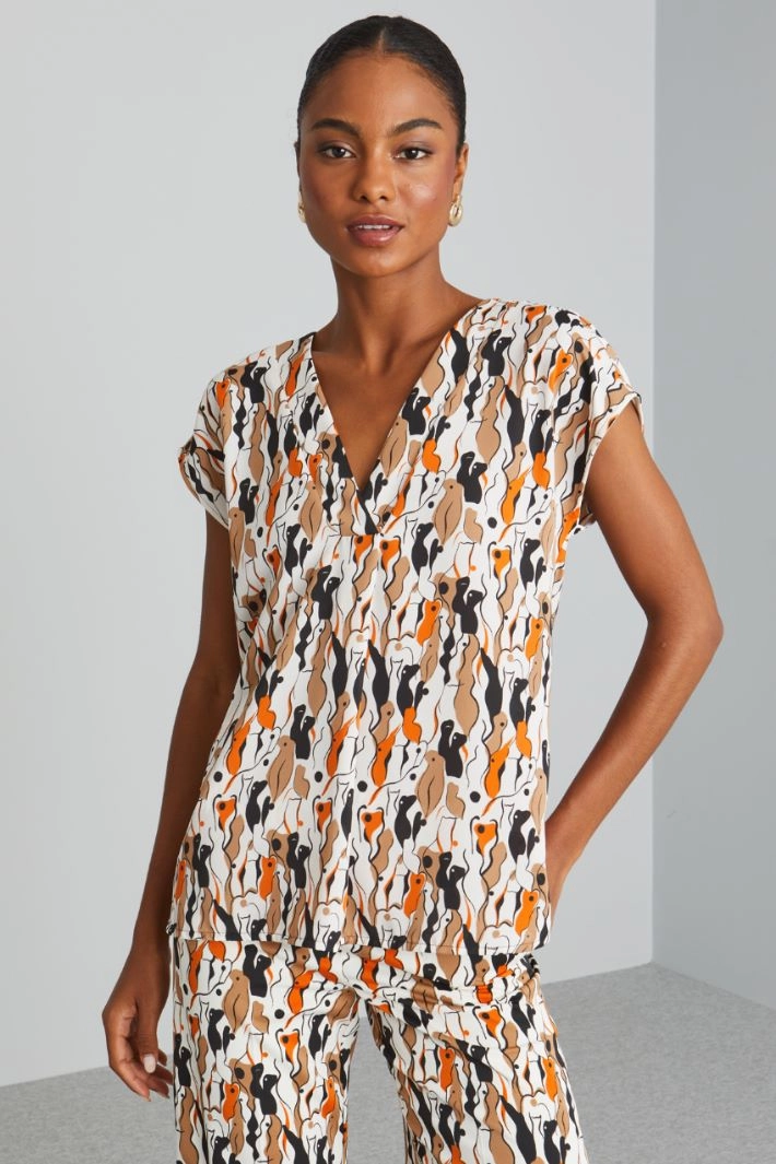 Blouse with cap sleeves - WHITE CAMEL ORANGE
