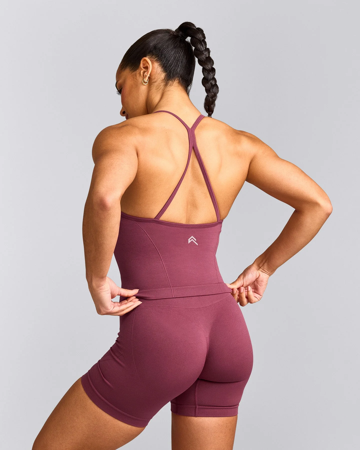 EnhanceLift™ Seamless Strappy Racer Vest with Built in Bra Shelf with Grey Logo | Burnt Maroon