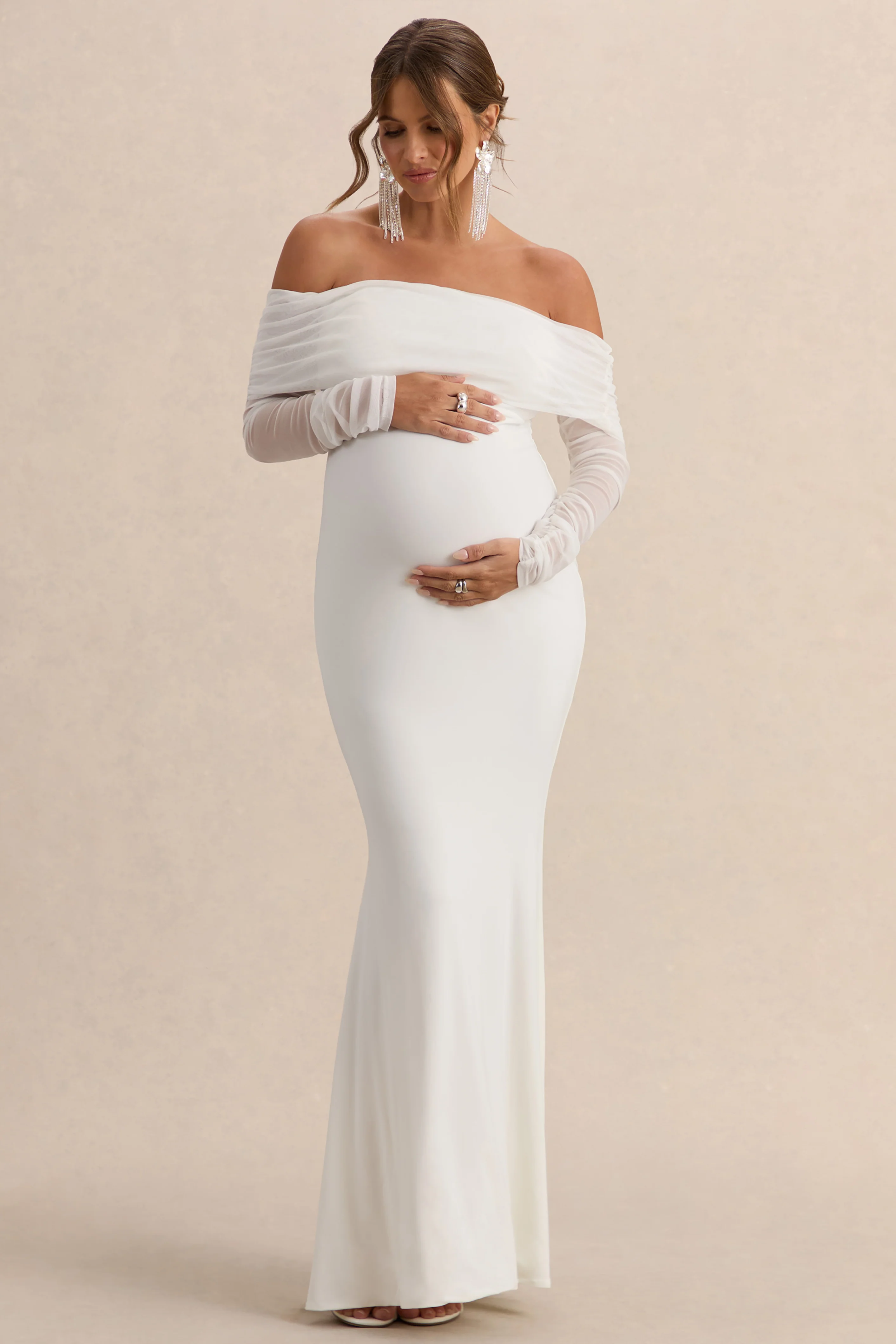 Pretty Perfect | White Maternity Ruched Mesh Bardot Maxi Dress