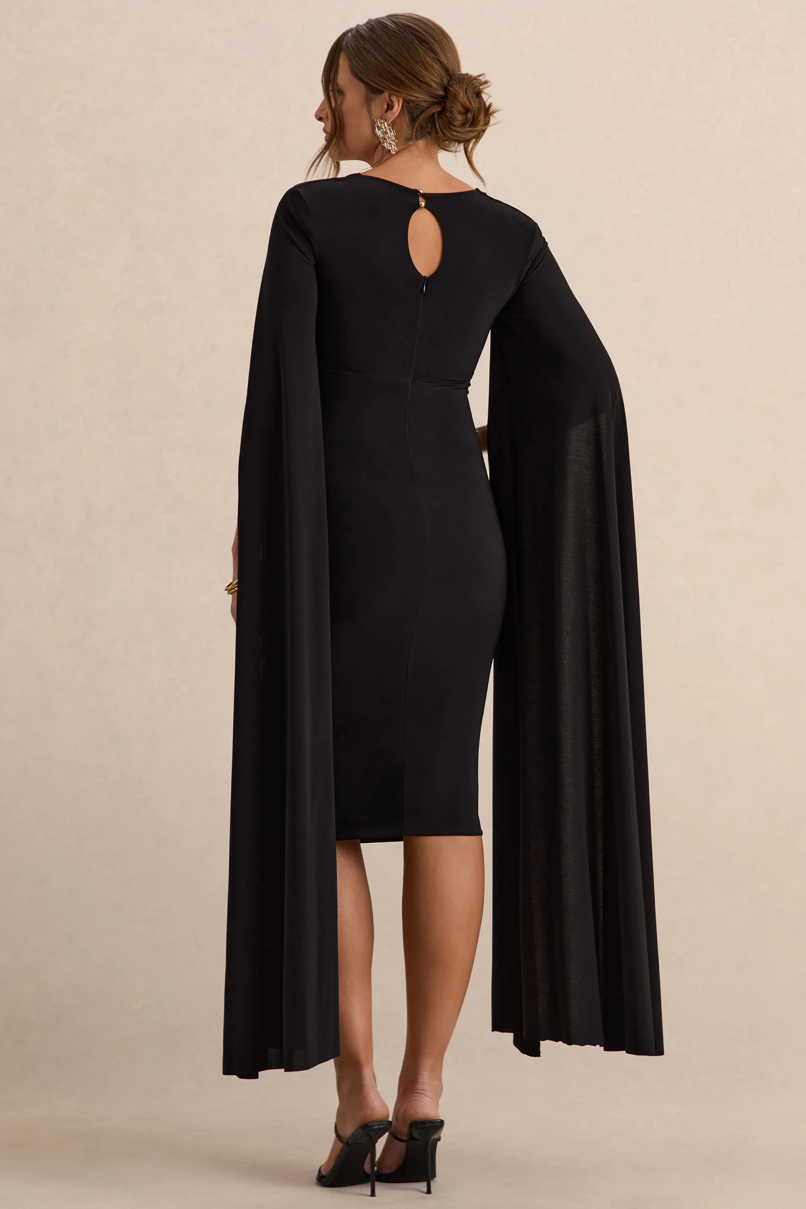 Flawless | Black Square-Neck Maternity Midi Dress With Cape-Sleeves