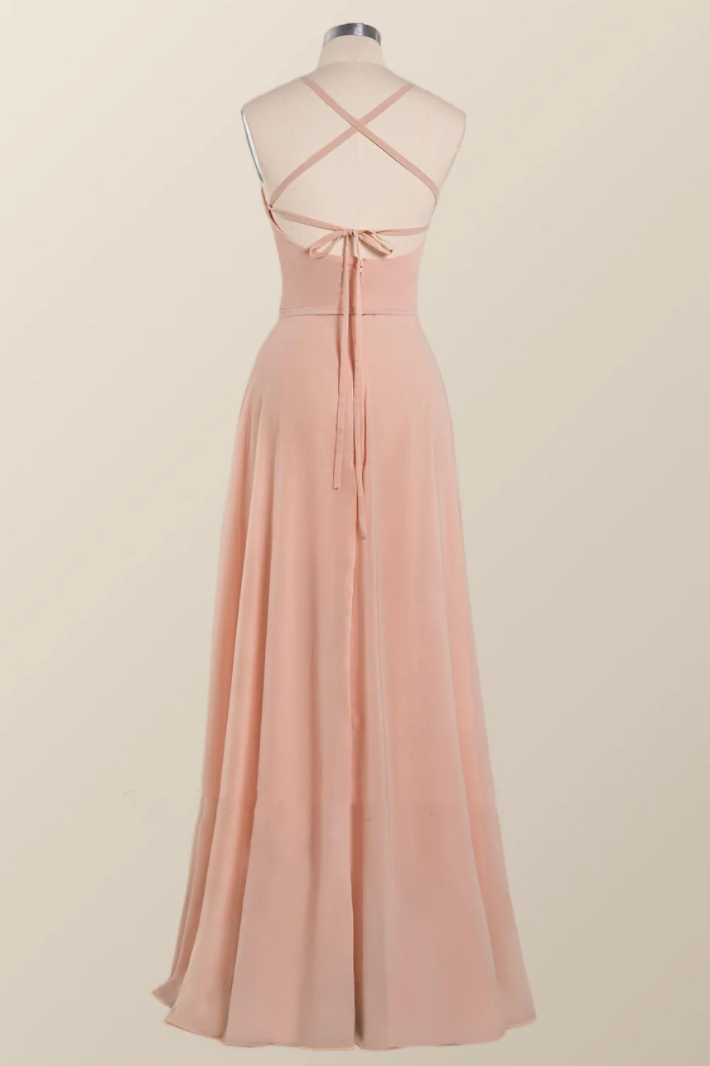 Princess Pink Straps Chiffon A-line Long Bridesmaid Dress