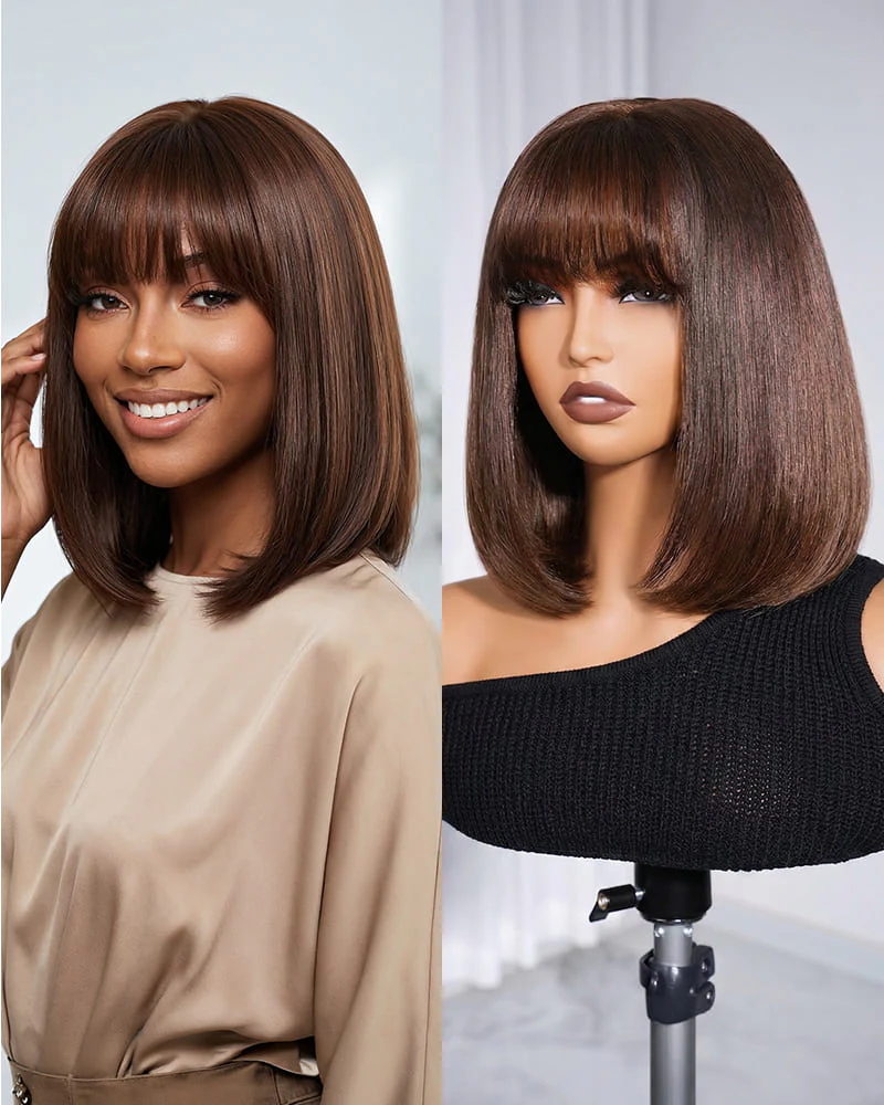 Ophirawig 6x6 Lace Straight Bob Wig With Bangs Chocolate Brown Glueless Beginner Friendly