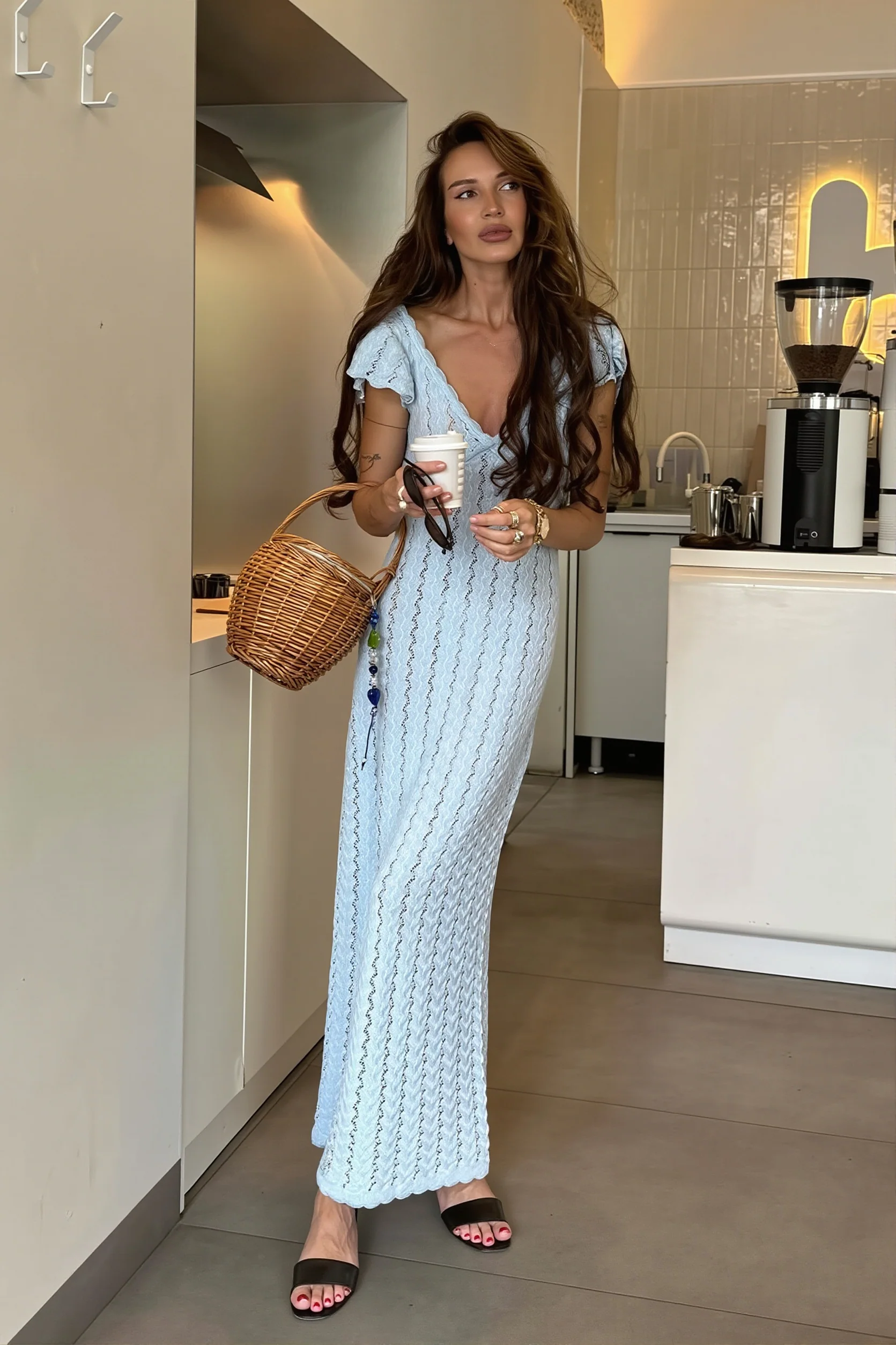 Knit V-Neck Backless Ruffle Maxi Dress