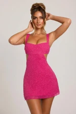 Embellished Cut Out Mini Dress in Fuschia