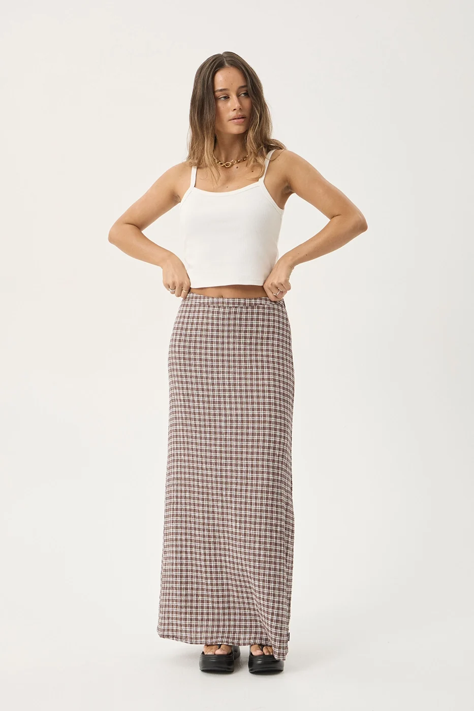 AFENDS Womens Lita - Seersucker Maxi Skirt - Base Coffee Check