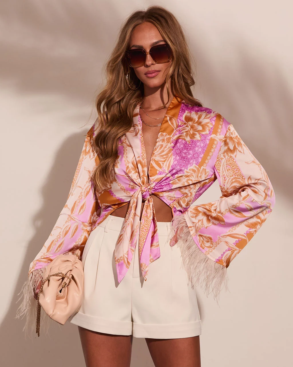 Lennora Satin Paisley Front Tie Feather Trim Blouse