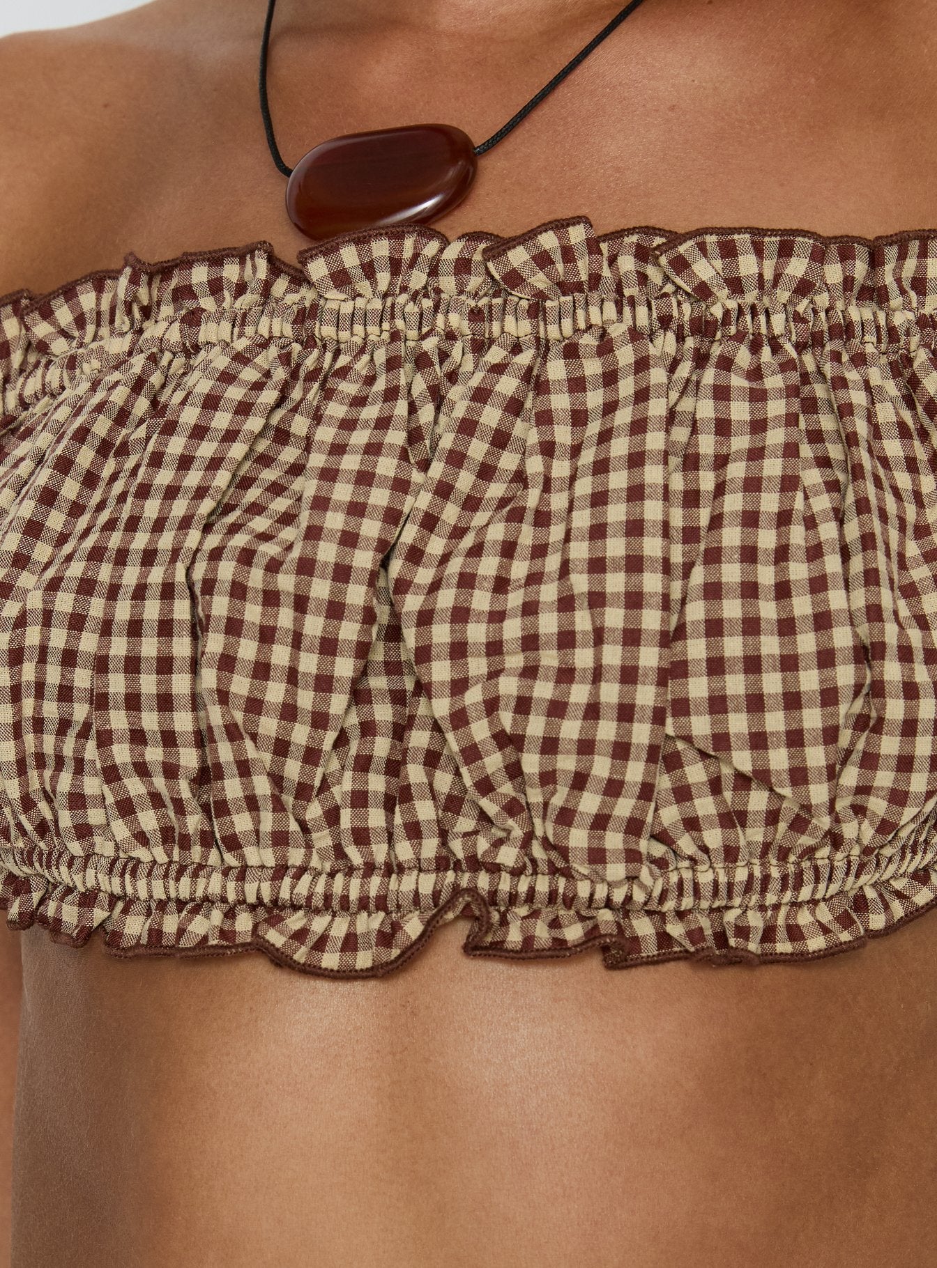 We Can't Stop Ruched Strapless Top Brown Gingham