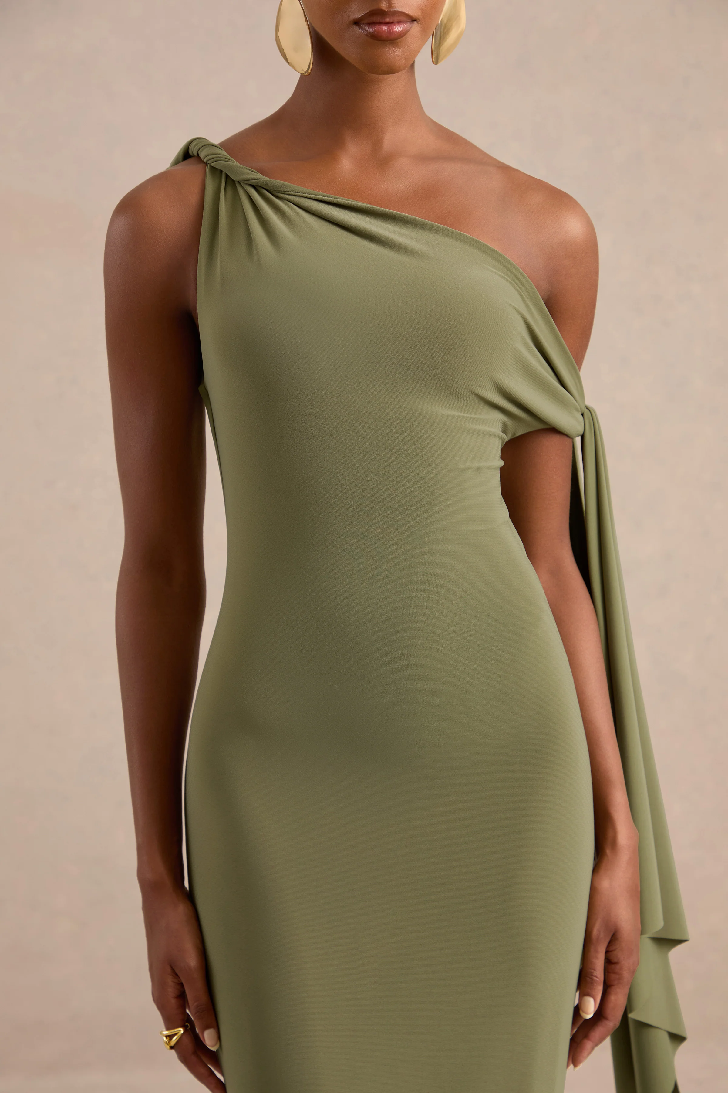 Arcelia | Olive Jersey One Shoulder Midi Dress With Twist And Knot Sash Detailing
