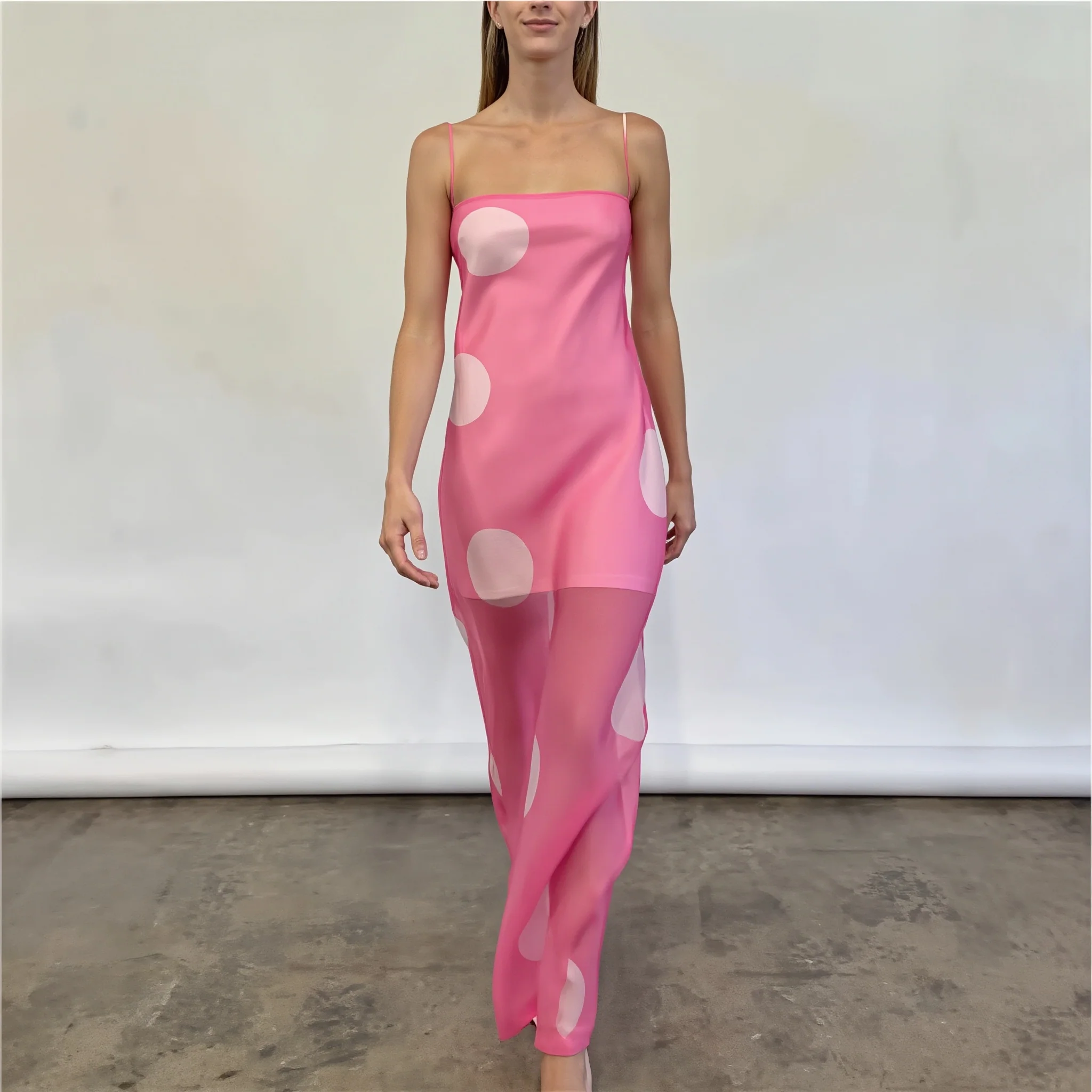 Elegant Polka Dot Strapless Sheer Slim Maxi Dress