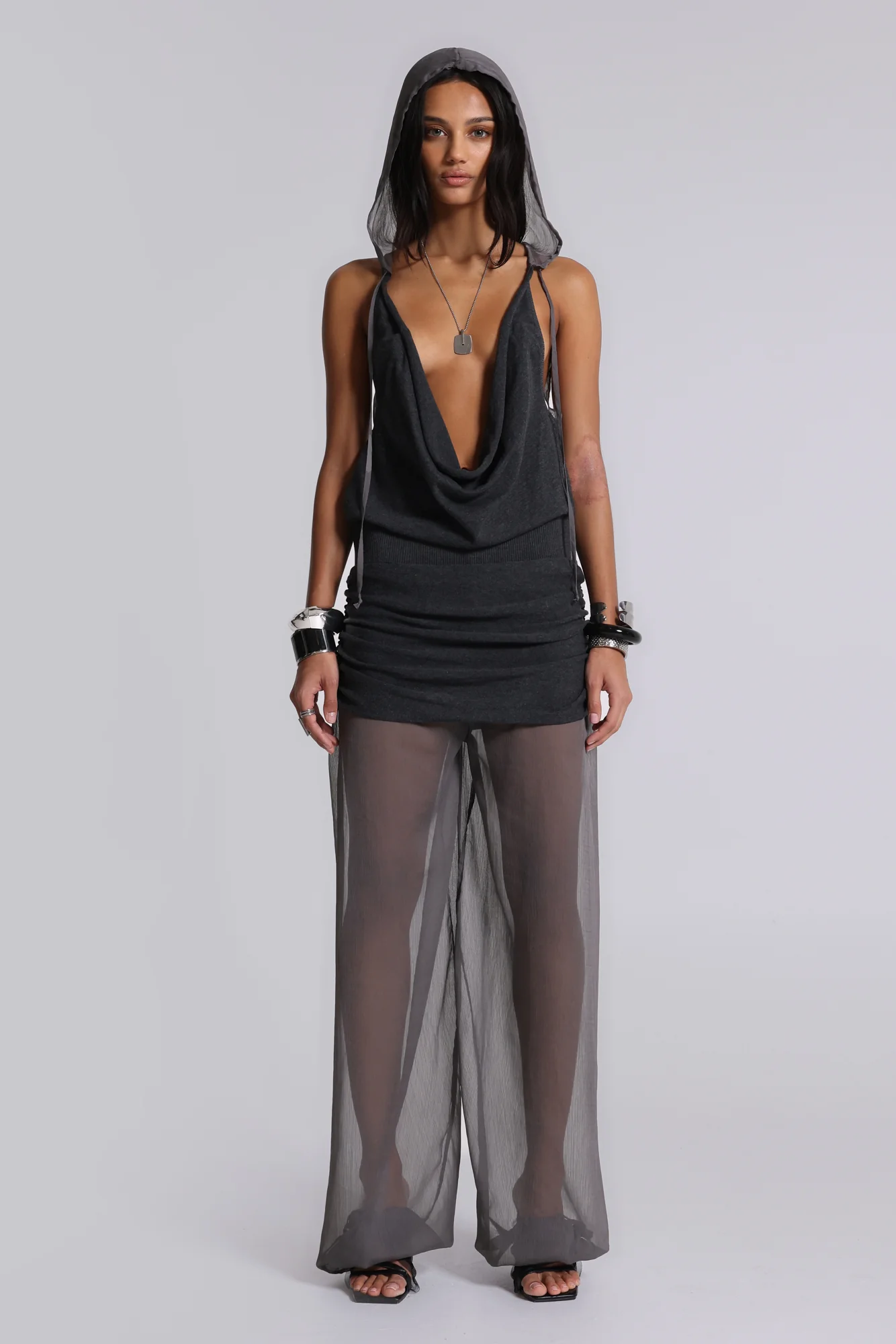 Lurien Backless Hooded Chiffon Knit Top