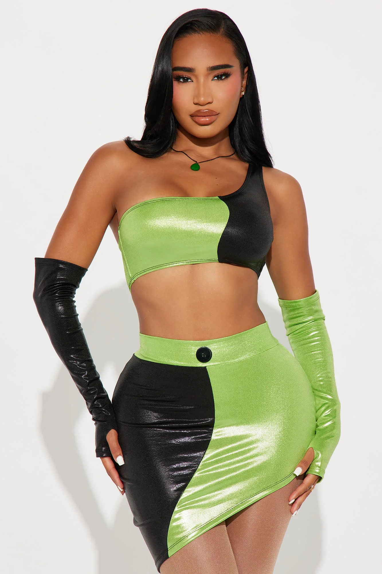Green Flame Villian Baddie 4 Piece Costume Set - Black/Green