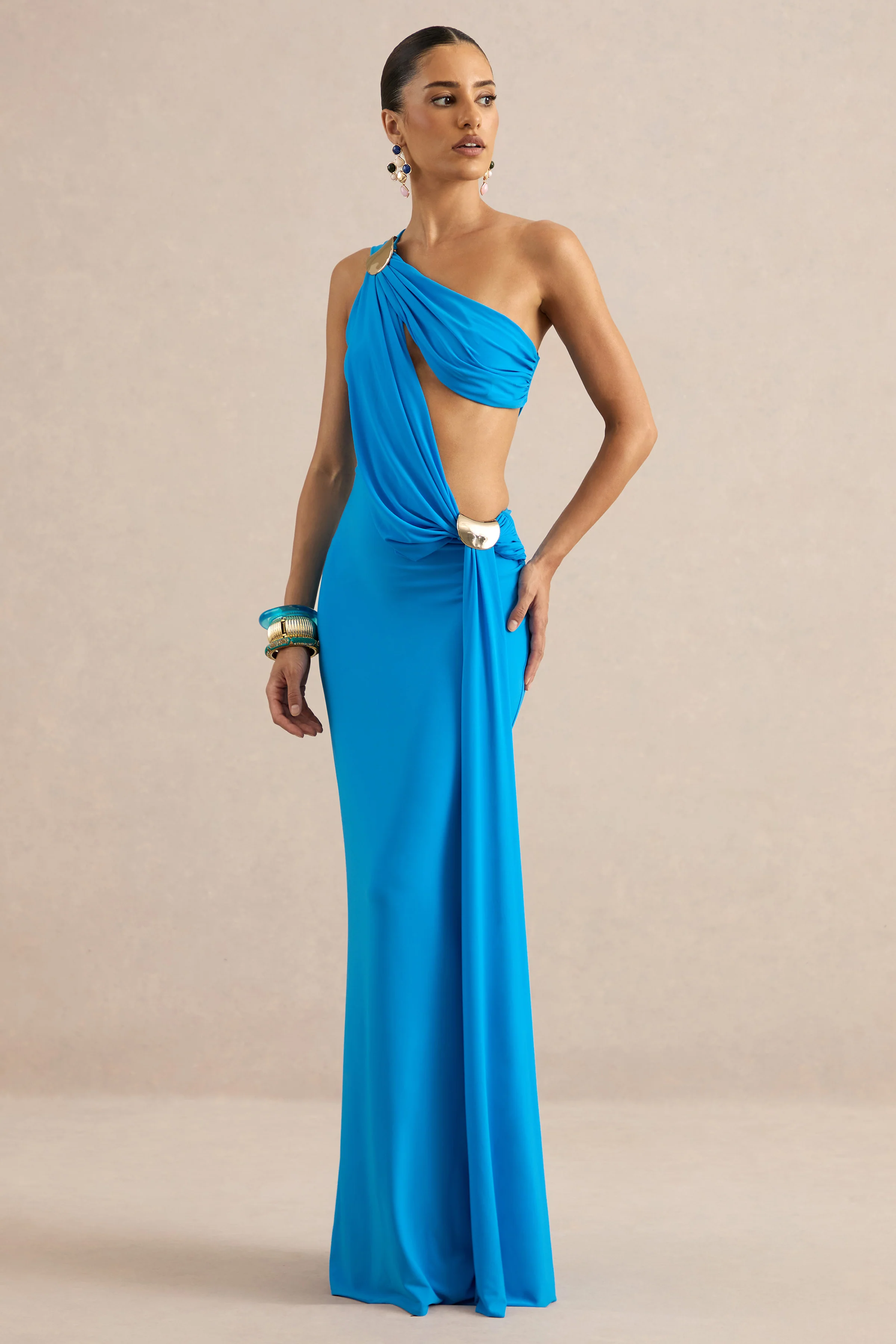 Maelys | Blue Asymmetric-Neck Maxi Dress With Body Cut-Outs And Gold Detailing