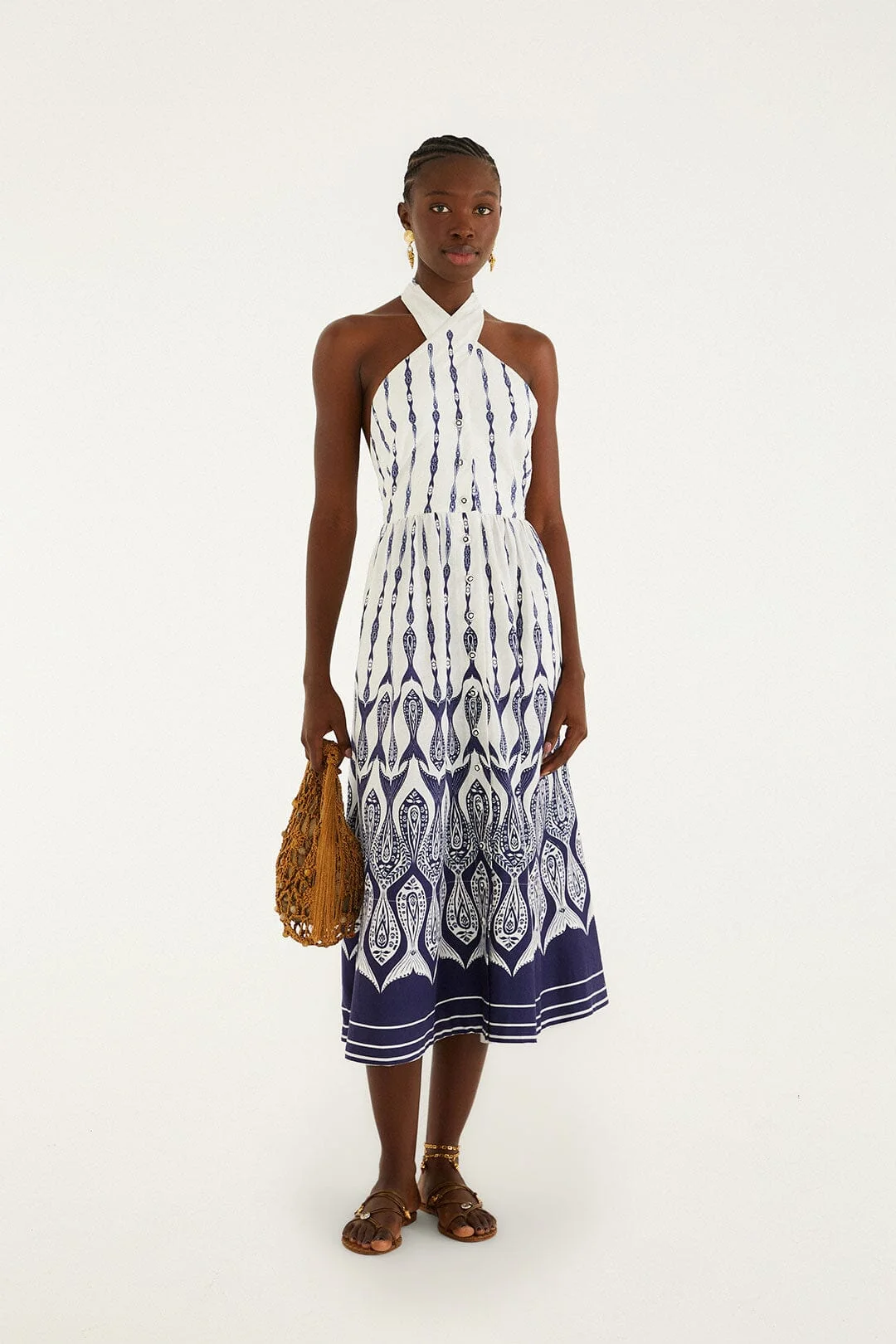 Off-White Fishes Flow Halter Neck Midi Dress
