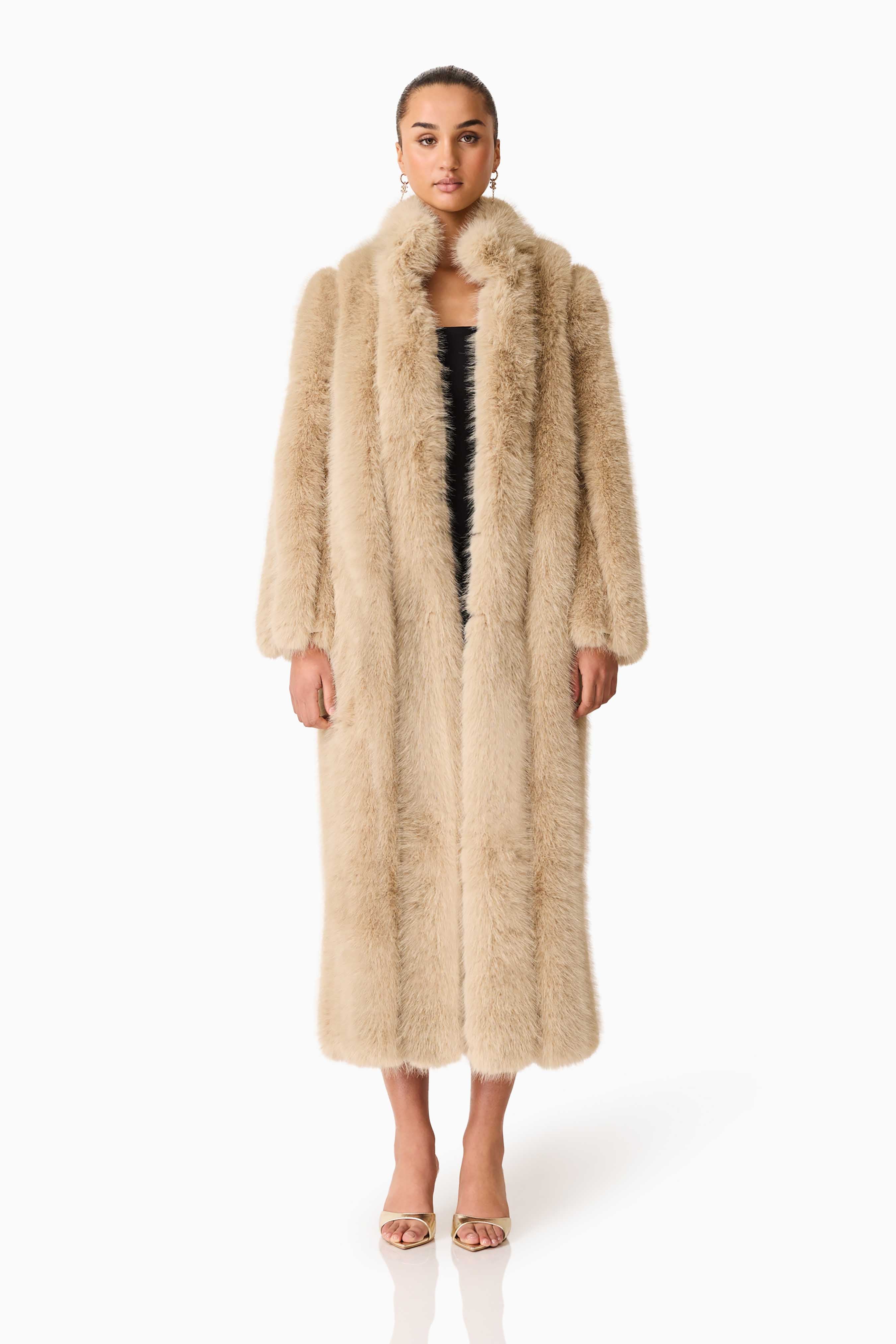 Faux Fur Maxi Coat in Beige