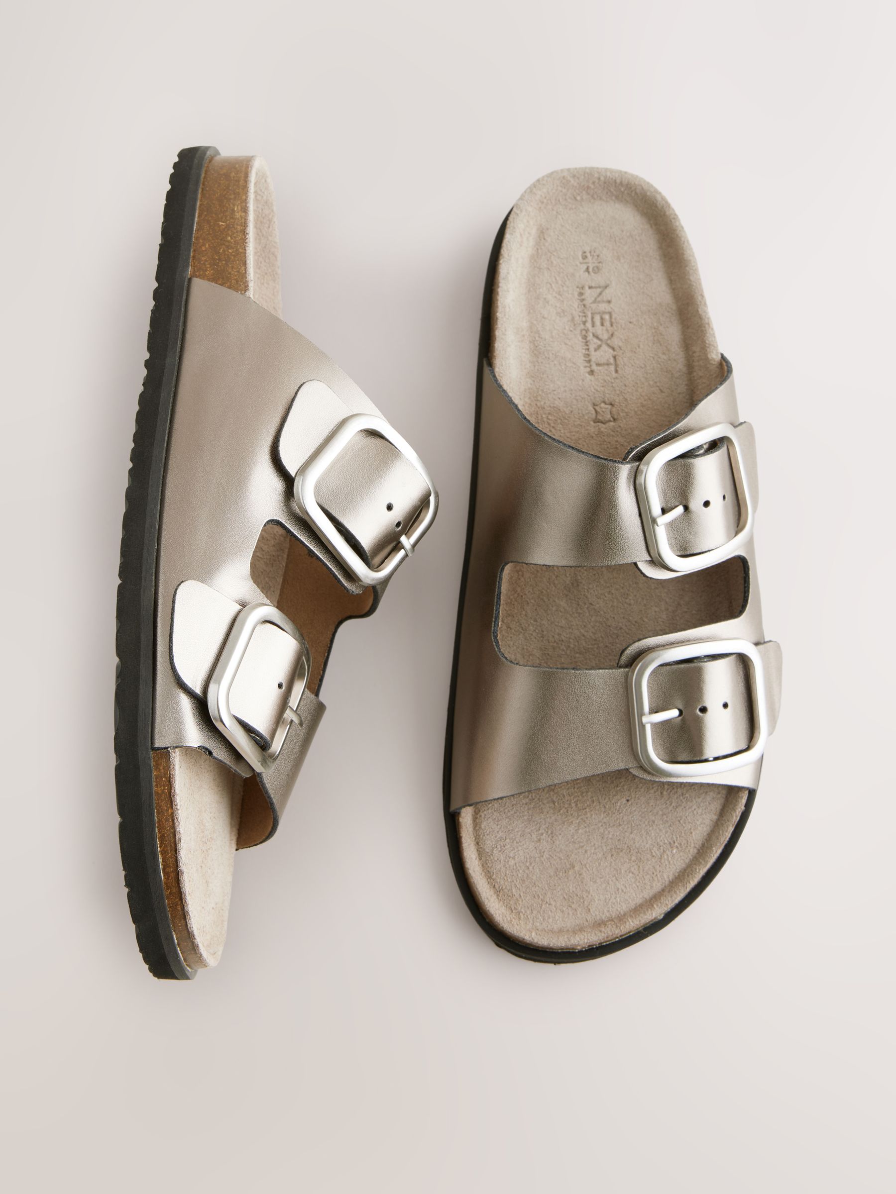 Silver Metallic Leather Standard Fit Double Strap Footbed Sandals