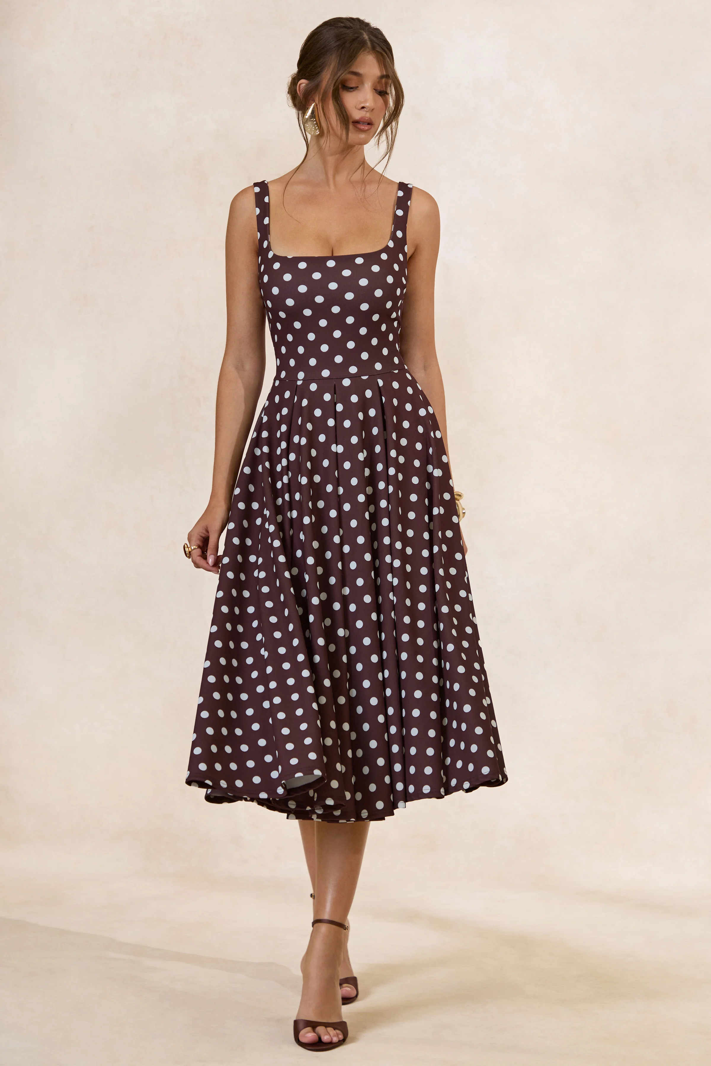 Lumera | Brown Polka-Dot Square-Neck Midi Dress