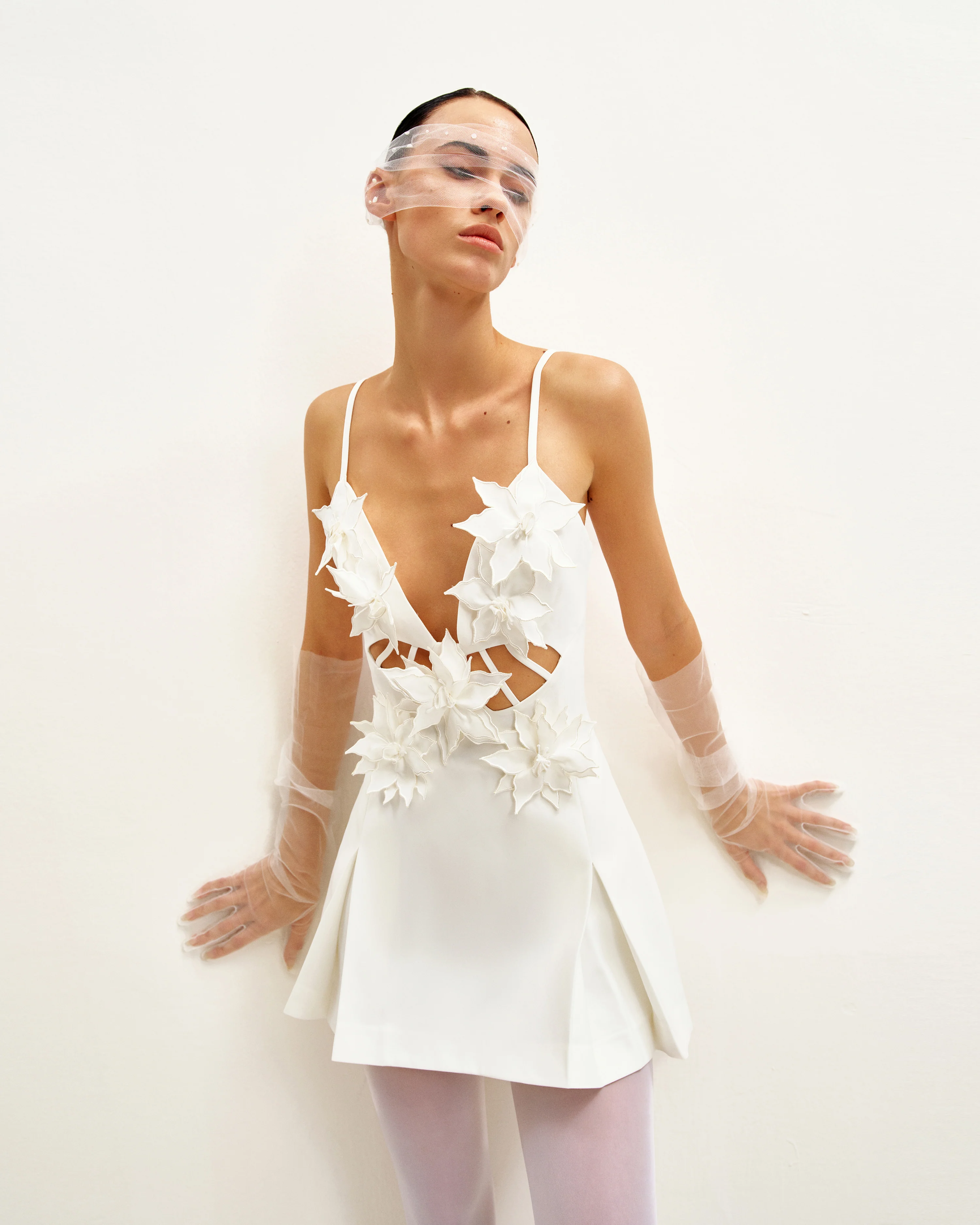 Yuliya White Floral Embellishment V-neckline Mini Dress - White