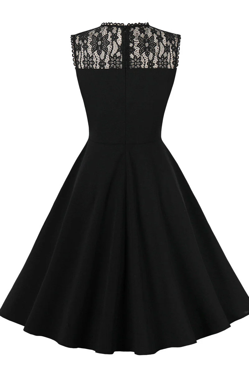 Sheer Lace Neck Black Swing Dress