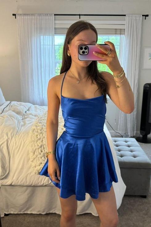 Straps Royal Blue Satin A-line Short Dress