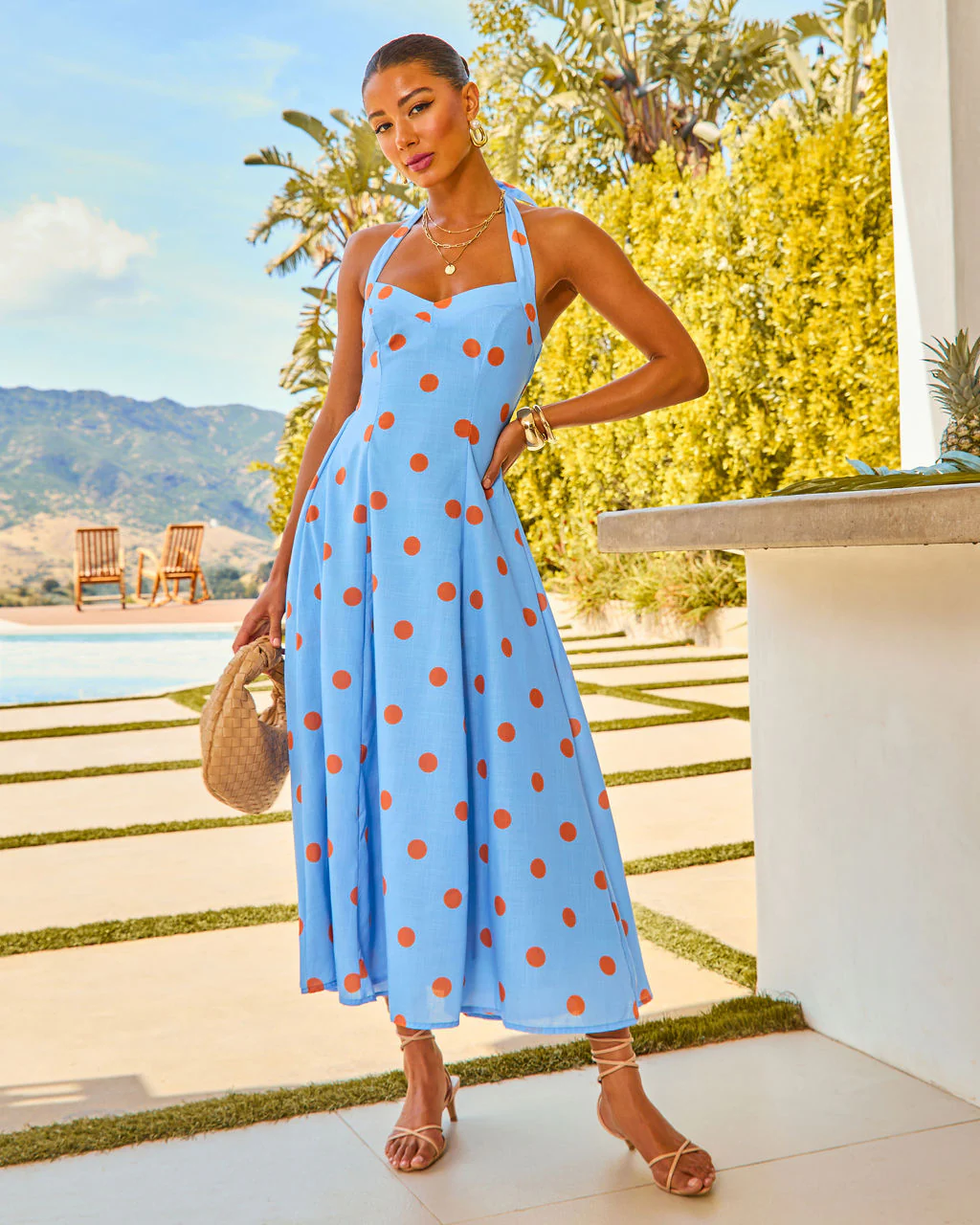 Beach Stroll Polka Dot Halter Midi Dress