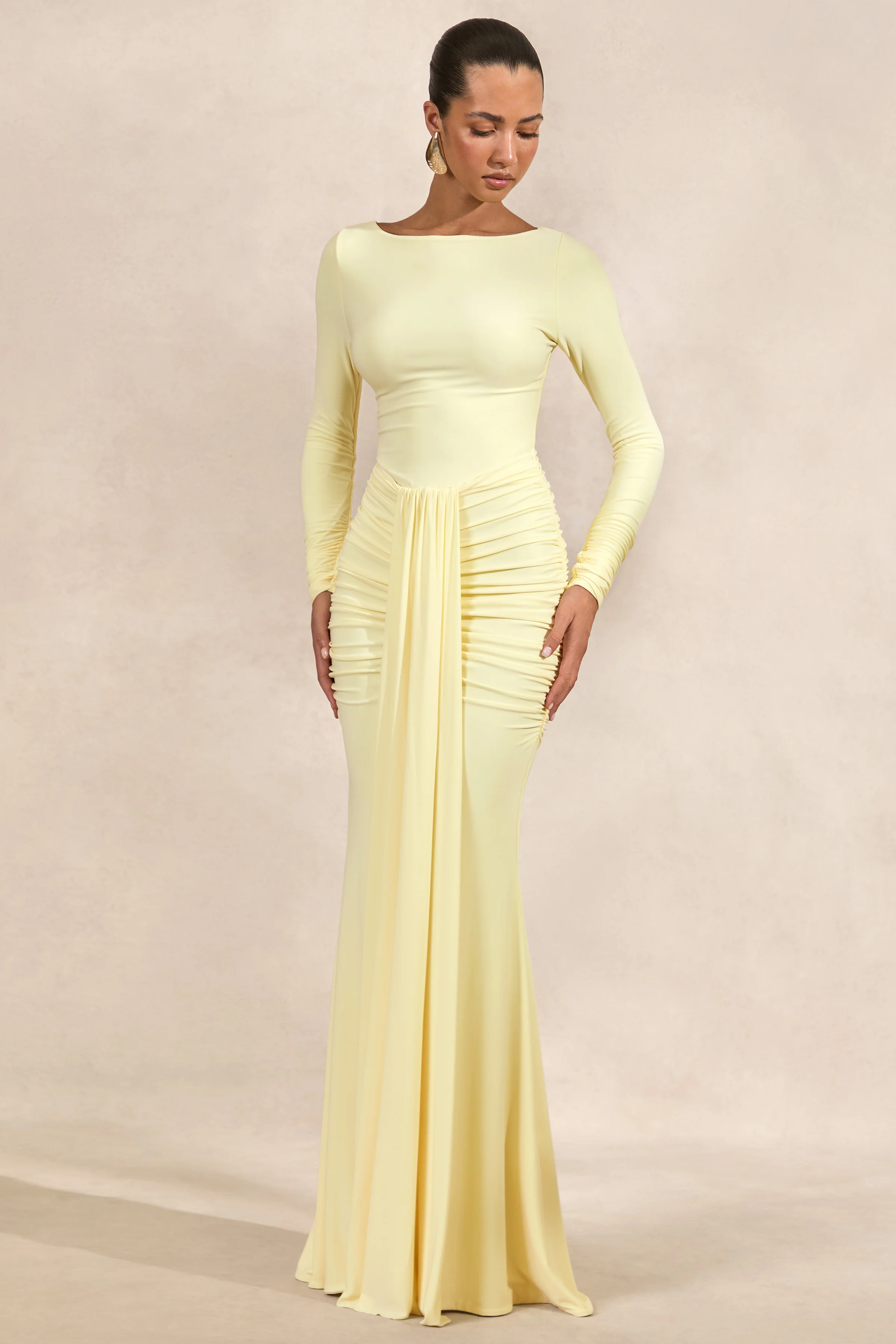 Liatris | Lemon Jersey Boat Neck Long Sleeve Maxi Dress With Gathered Detailing And Sash