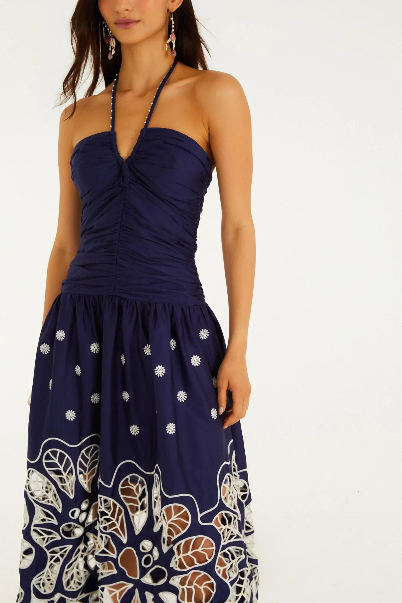 Navy Blue EmbroideredRichelieu Midi Dress