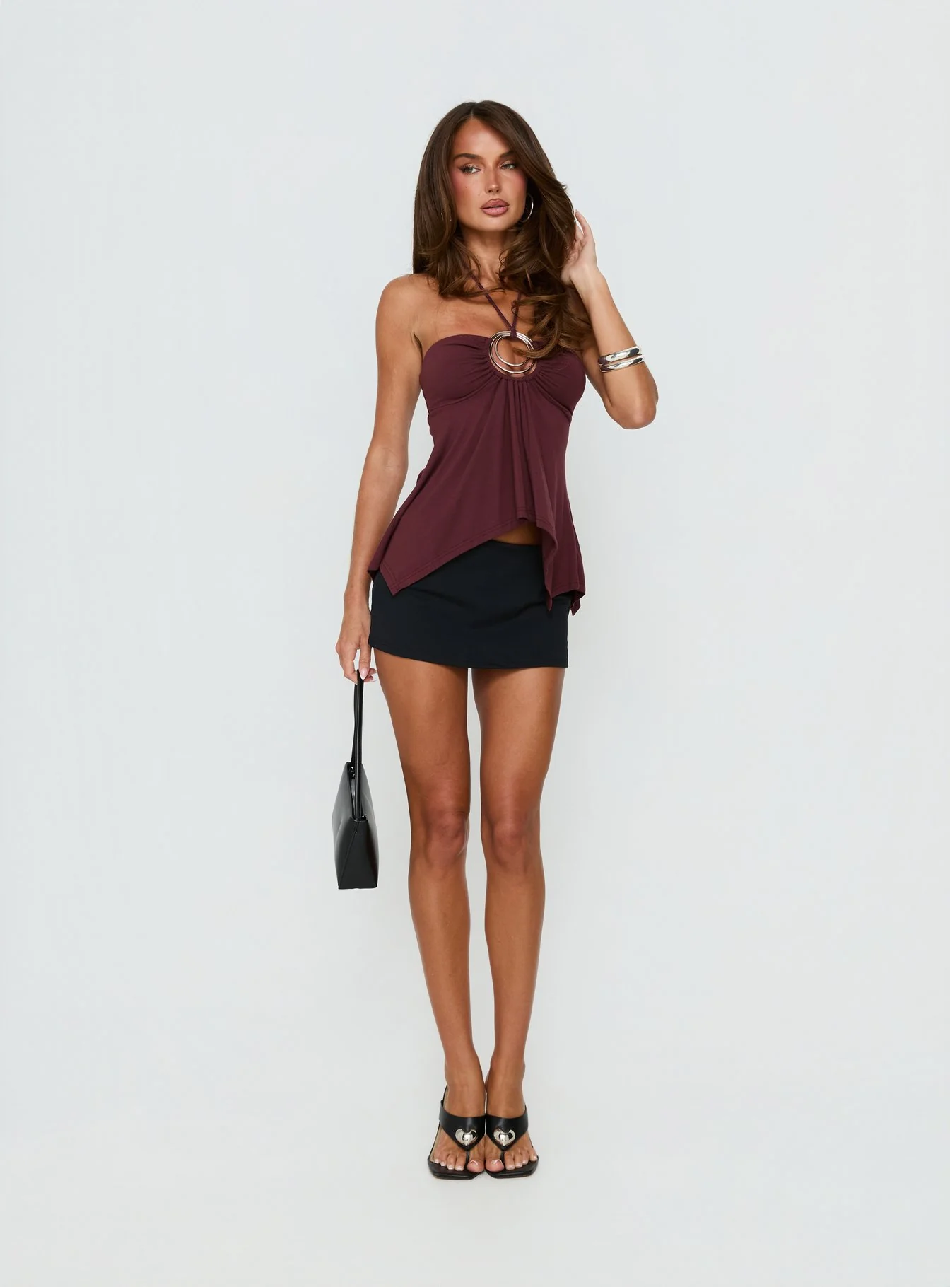 Betsey Ring Detail Tie Neck Top Burgundy